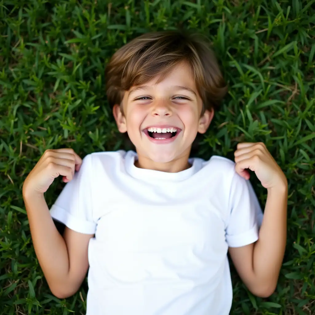 A 13-year-old boy, wearing a white T-shirt, lying on the green grass, laughing happily, showing his upper body, real shot, delicate,