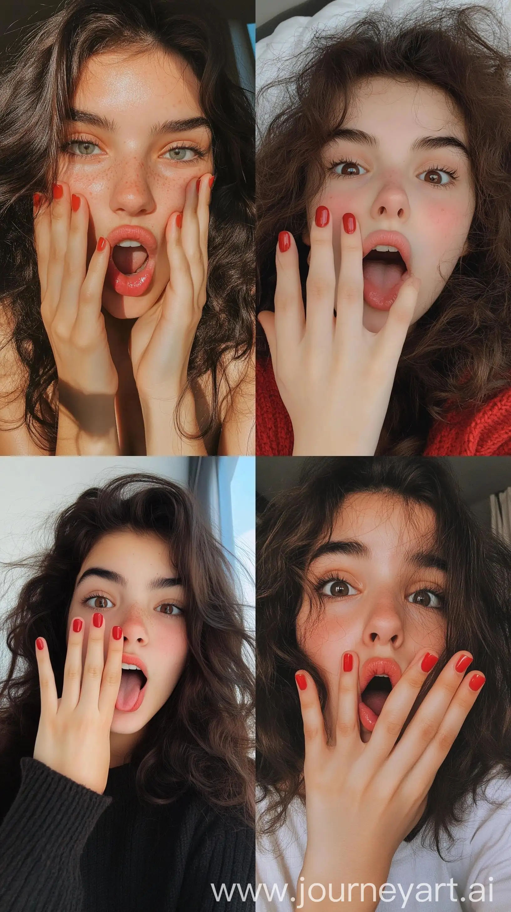 Spanish-Teenage-Girl-Taking-Silly-Selfie-with-Red-Gel-Nail-Polish