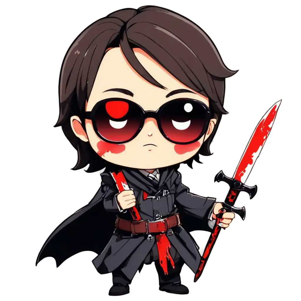 Cute-Chibi-Warrior-PNG-SwordWielding-SunglassesClad-with-Bloodied-Details