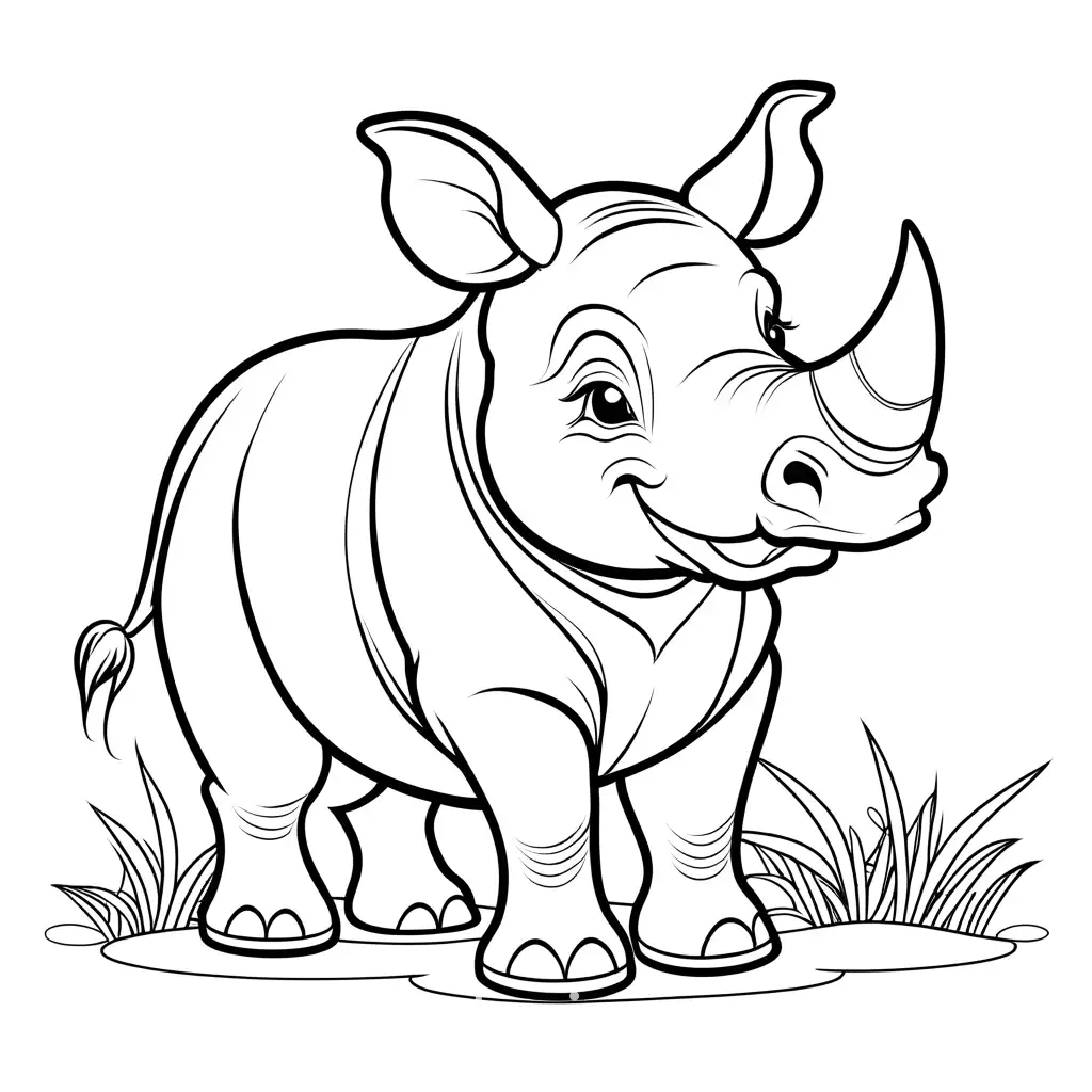 A Happy little rhinoceros, Coloring Page, black and white, line art, white background, Simplicity, Ample White Space. The background of the coloring page is plain white to make it easy for young children to color within the lines. The outlines of all the subjects are easy to distinguish, making it simple for kids to color without too much difficulty