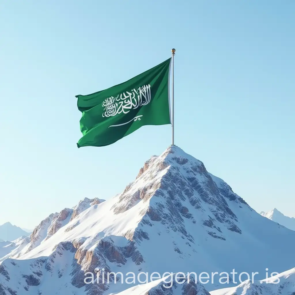 Saudi-Flag-Flying-on-Snowy-Mountain-Peak-Under-Clear-Blue-Sky