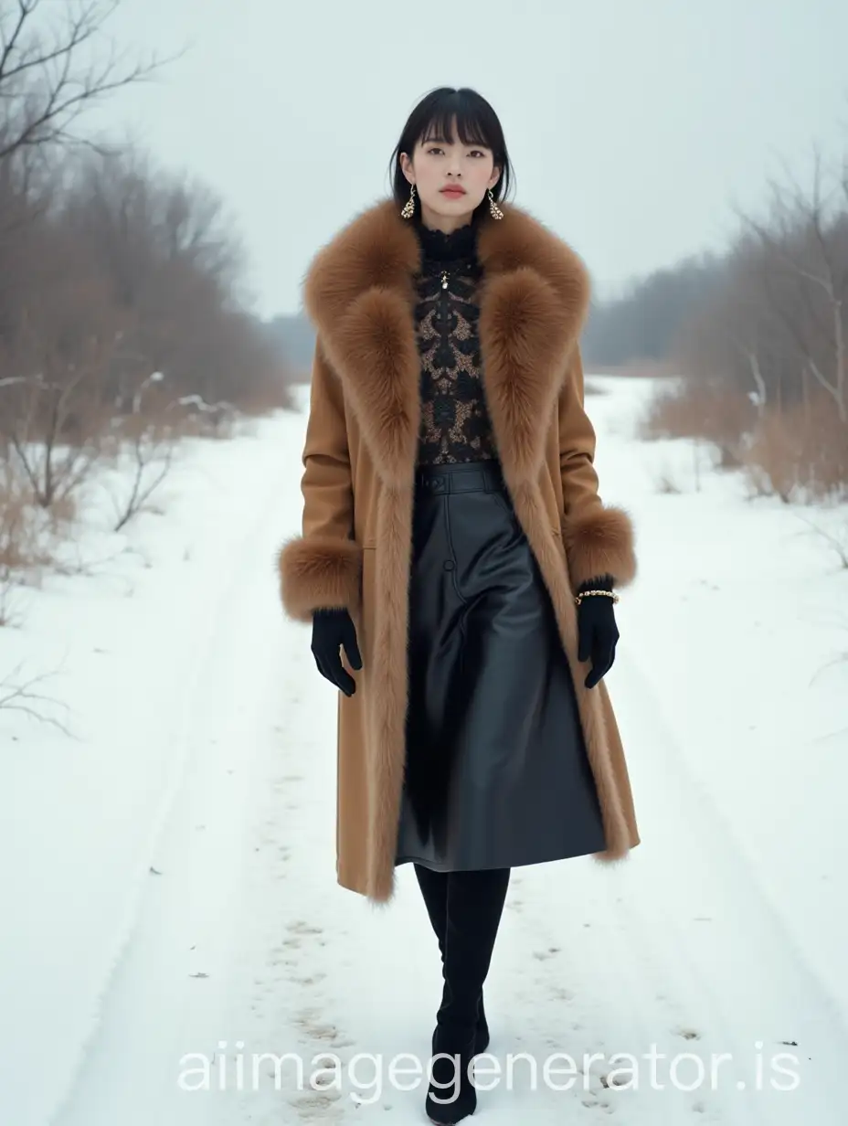 Fashionable-Japanese-Model-in-Winter-Snow-on-Fujiyama-Mountain-Path