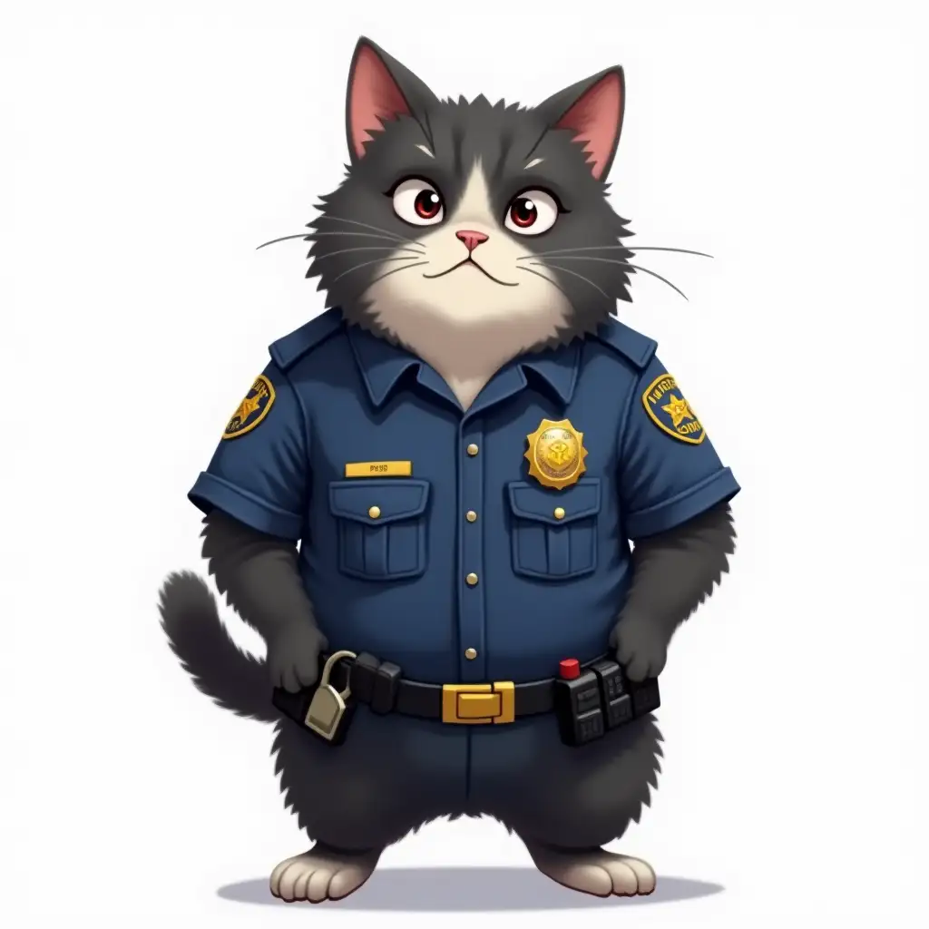 The image depicts an anthropomorphic cat character dressed in a police uniform, standing upright with a confident posture. The cat has dark fur with a pink nose and expressive eyes that convey a sense of alertness and readiness. The fur is meticulously detailed, showing individual strands that add to the realism of the character.nShirt: The police uniform is primarily blue and features a neatly buttoned shirt with a collar. On the chest, there is a shiny badge that reflects the light, adding to the sense of authority.nEmblem: An american police emblem is prominently displayed on the sleeve of the uniform, indicating the rank or division of the officer.nBelt: The cat is wearing a utility belt around its waist, equipped with various pouches and accessories typical of a police officer's gear. This includes a walkie-talkie, handcuffs, and other essential items. The belt buckle is yellow.nExpression: The cat's face shows a determined and serious expression, with its ears perked up, suggesting attentiveness.nPaws: The paws are carefully rendered to show a combination of feline and human-like characteristics, with fingers that can grasp objects.nThe image is in the style of 2D japanese traditional Anime Style nThe background is solid pure white