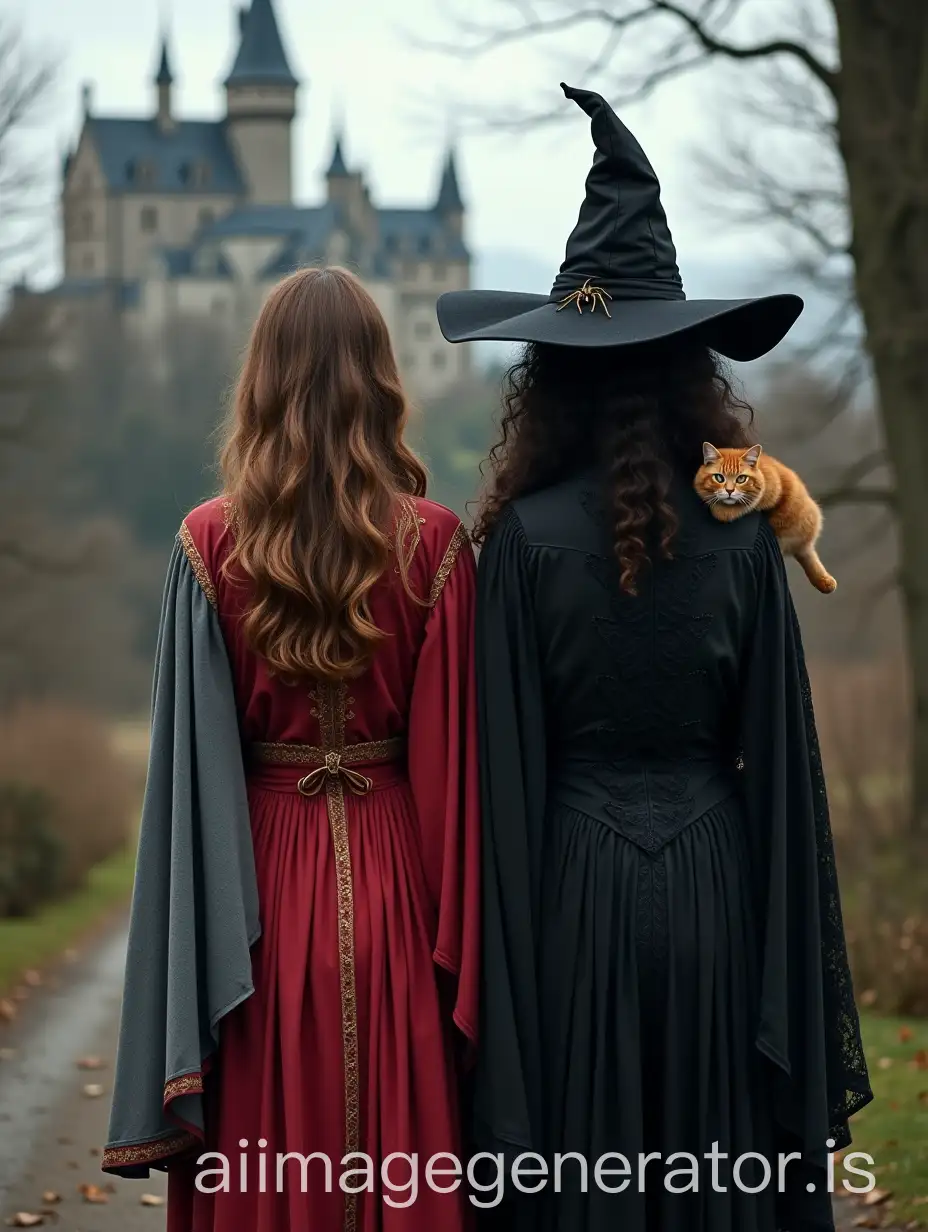 Lesbian-Witches-in-Sorcery-Robes-with-Poudlard-Castle-and-Magical-Creatures