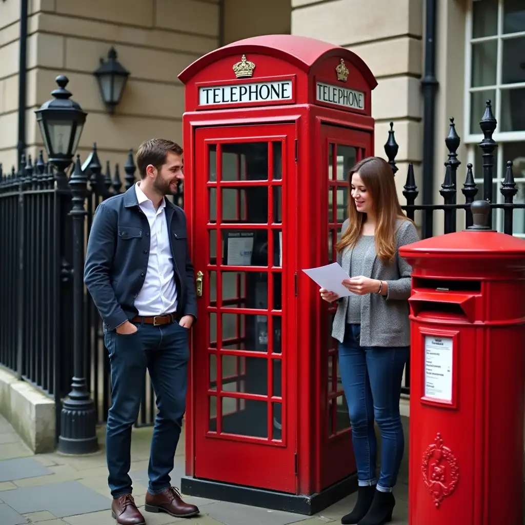 A man standing beside a red British telephone box. Beside him is a lady holding a nook putting a letter in I red post box