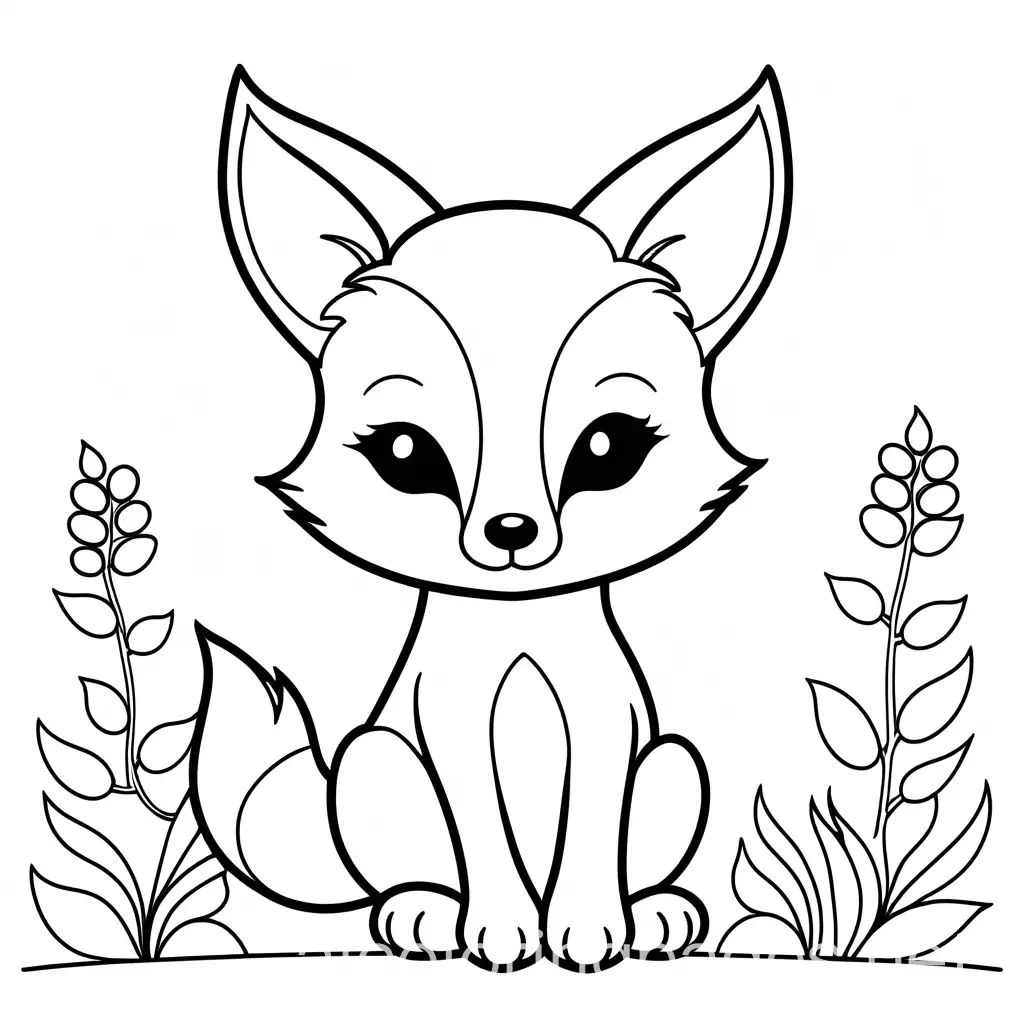 cute fox baby black and white for colouring for children, Coloring Page, black and white, line art, white background, Simplicity, Ample White Space. The background of the coloring page is plain white to make it easy for young children to color within the lines. The outlines of all the subjects are easy to distinguish, making it simple for kids to color without too much difficulty