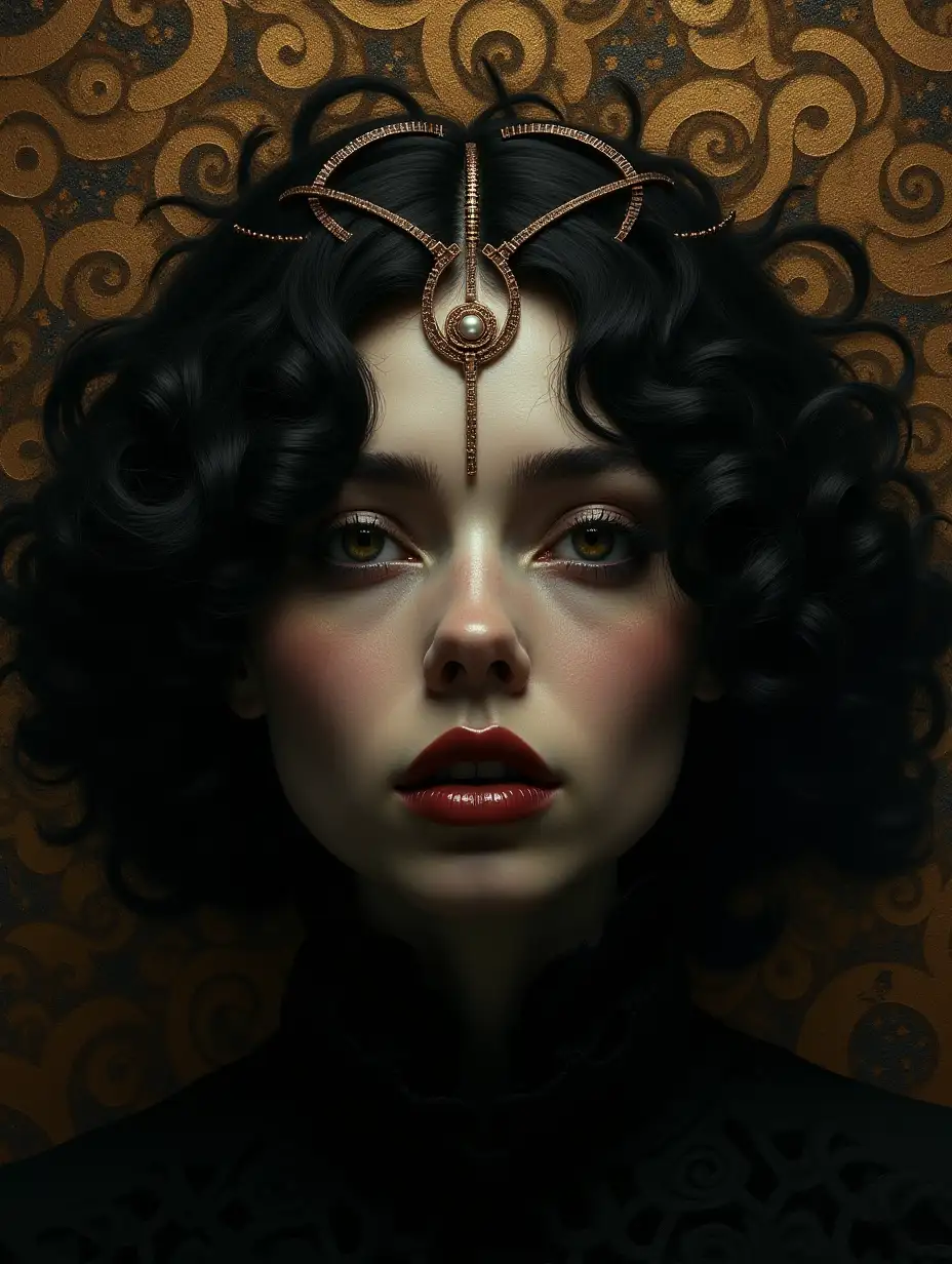 High fantasy, Klimt gold spirals, Solemn, heavily shadowed, low-angle close-up portrait of a victorian gothic art deco masterpiece, beautiful victorian gothic woman, Celtic influence, richly detailed. The overall atmosphere is one of solemnity, spiritual with deep, ominous shading and an overall sense of hope, with the level of detail and realism characteristic of a hyperdetailed, oil painting masterpiece. Glittering, mysterious details. highly textured. Drama, suspense, intrigue, dynamic
