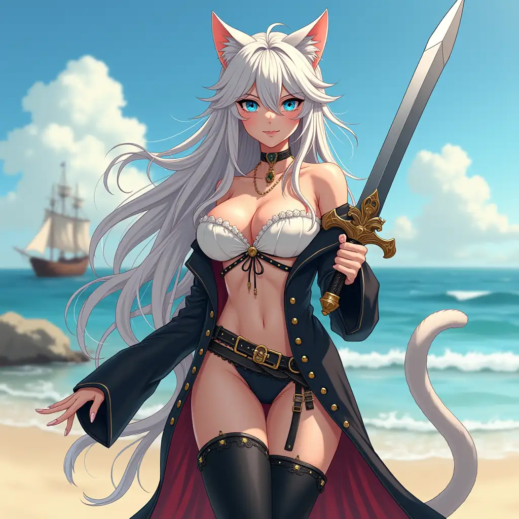 A mature adult feline/woman dressed as a pirate with a sword on a beach.  A pirate ship in the background. Her 30-something years are disguised by her youthful facial features, except for her subtle wrinkles around the eyes, extremely slender body. Her ample bosom strains against her clothing, threatening to burst free from the fabric, extreme cleavage.  Wearing black thigh high pirate boots. She has piercing blue cat eyes. A choker adorns her neck, a subtle hint at her feline nature. Her long, white hair cascades down her back like a wild waterfall, tangled and disheveled. Her cat-like teeth glint in the light, as her white fur-lined ears punctuate her visage with sparkling black and gold earring adorns each ear, adding a touch of elegance to her feline features. Cat whiskers on her face. The attached tail at the base of her spine stirs lazily.  Long fingernails. Full body view. Anime.