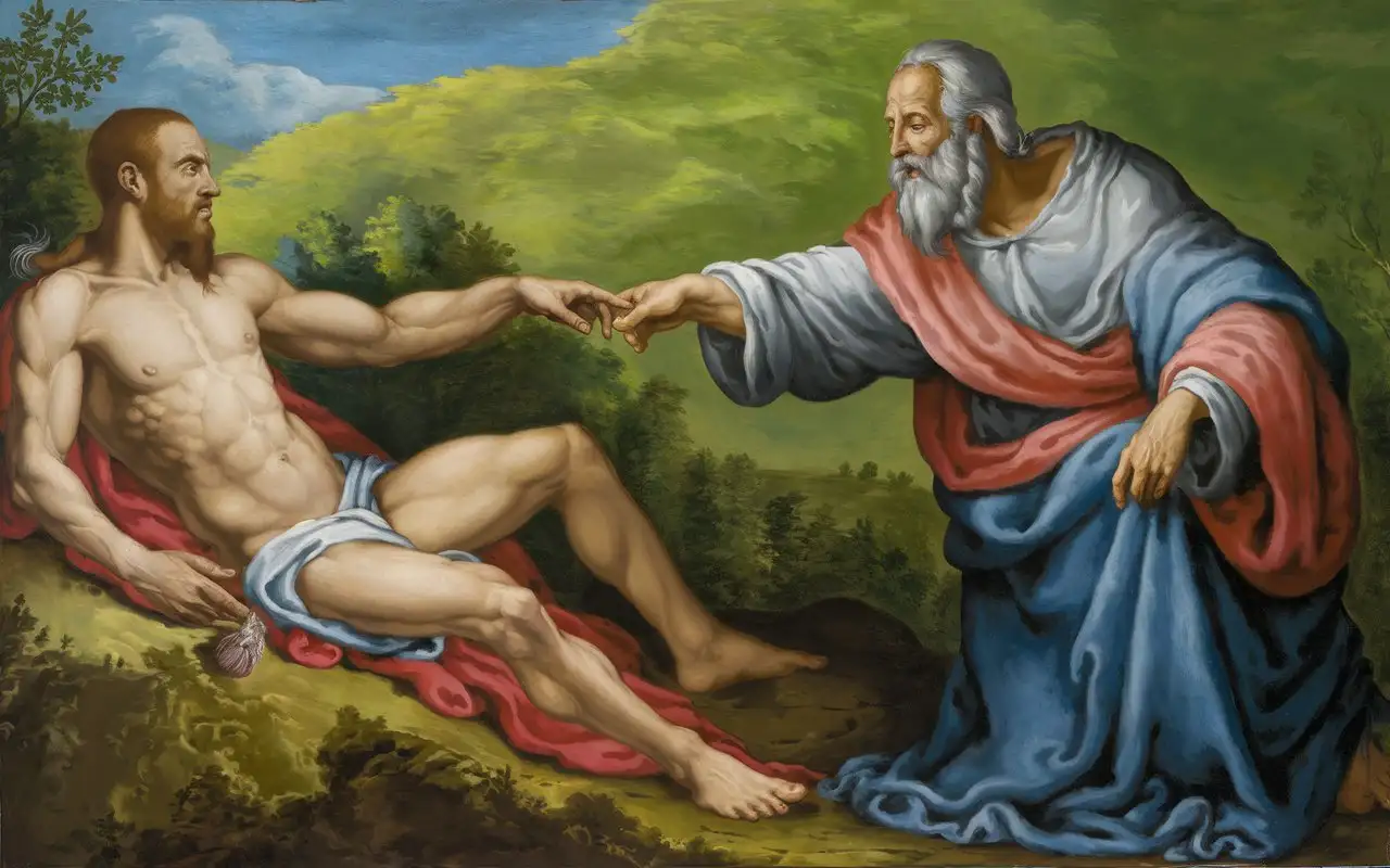 the hand of YAHWEH touched the finger of Adam, nAdam reclined on a slope and eyed to his Creator, nELOHIM delivered his life to Adam with a fingertip
