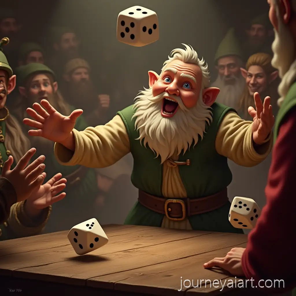 Dwarf-Throwing-Dice-in-Medieval-Tavern-SurDwarf-throwing-die-in-tavernrounded-by-Elves-and-Hobbits