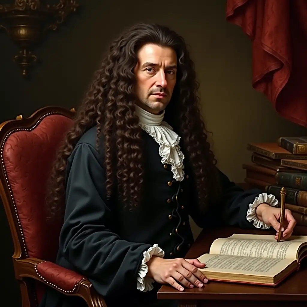 Gottfried Wilhelm Leibniz (1646-1716) in his study at age 66, dark brown long wavy wig