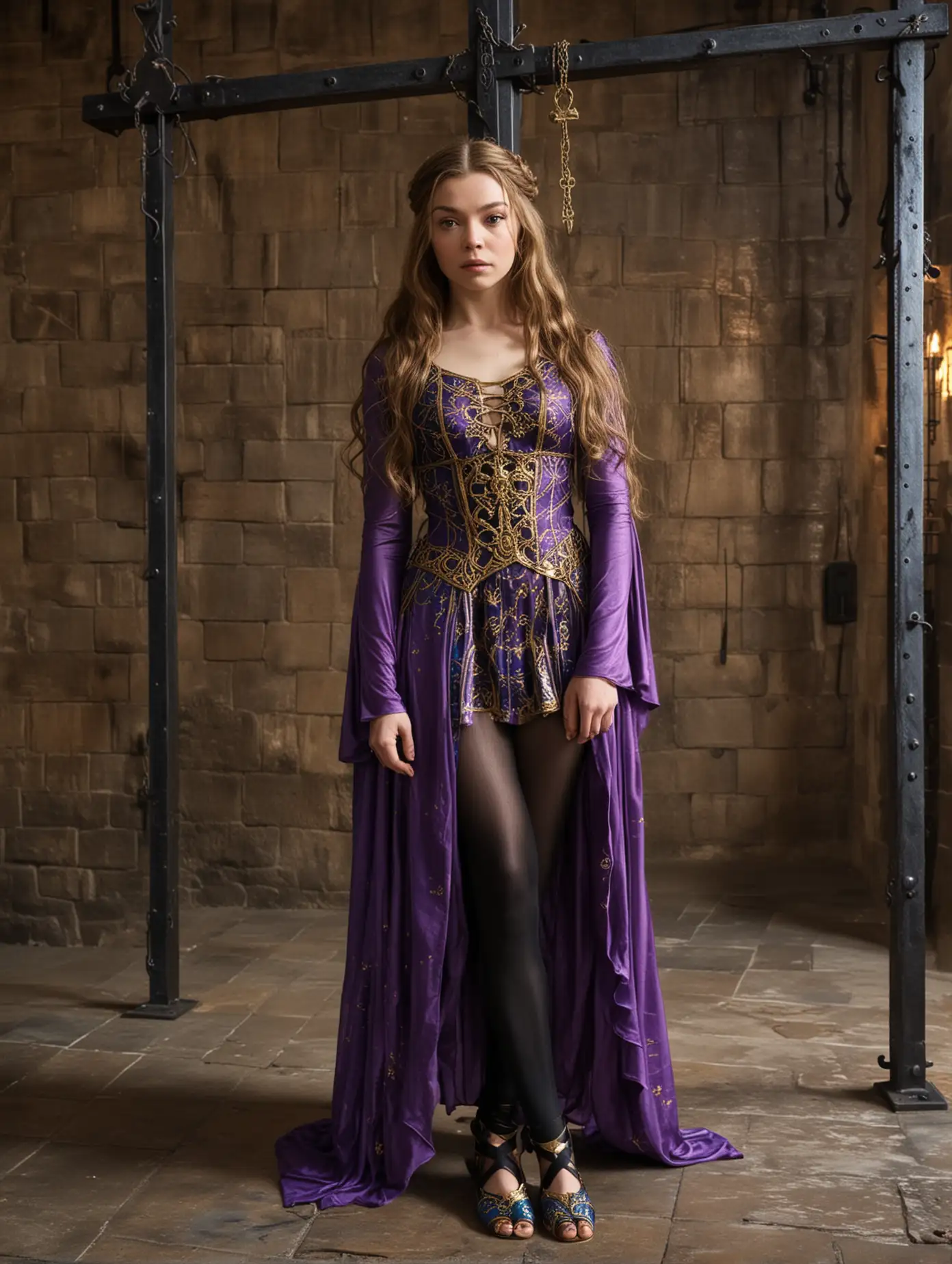 Margaery Tyrell , longhaired, in a purple and gold Harem Dress, with shiny black pantyhose and shiny blue gymnastics slippers, Crucified on a steel cross, in front of a medieval torture rack, in an old torture cellar