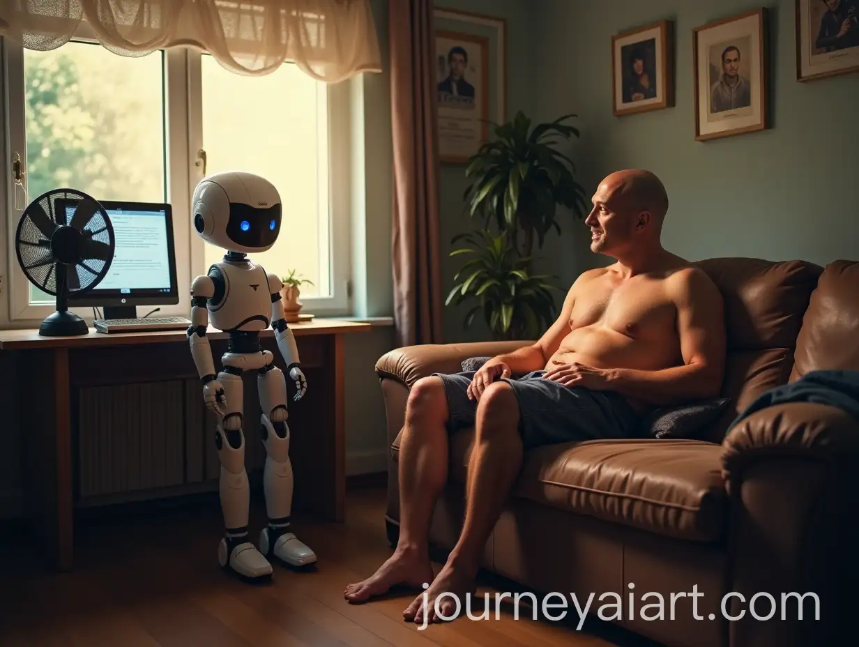 Man-Relaxing-at-Home-with-Robot-Companion-and-Cooling-Fans