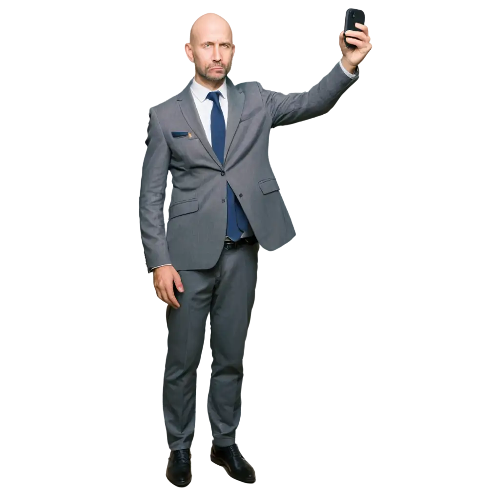 Caricature of a sad middle-aged man with no hair wearing a suit and standing leaning forward to take a selfie, full-length image, white background