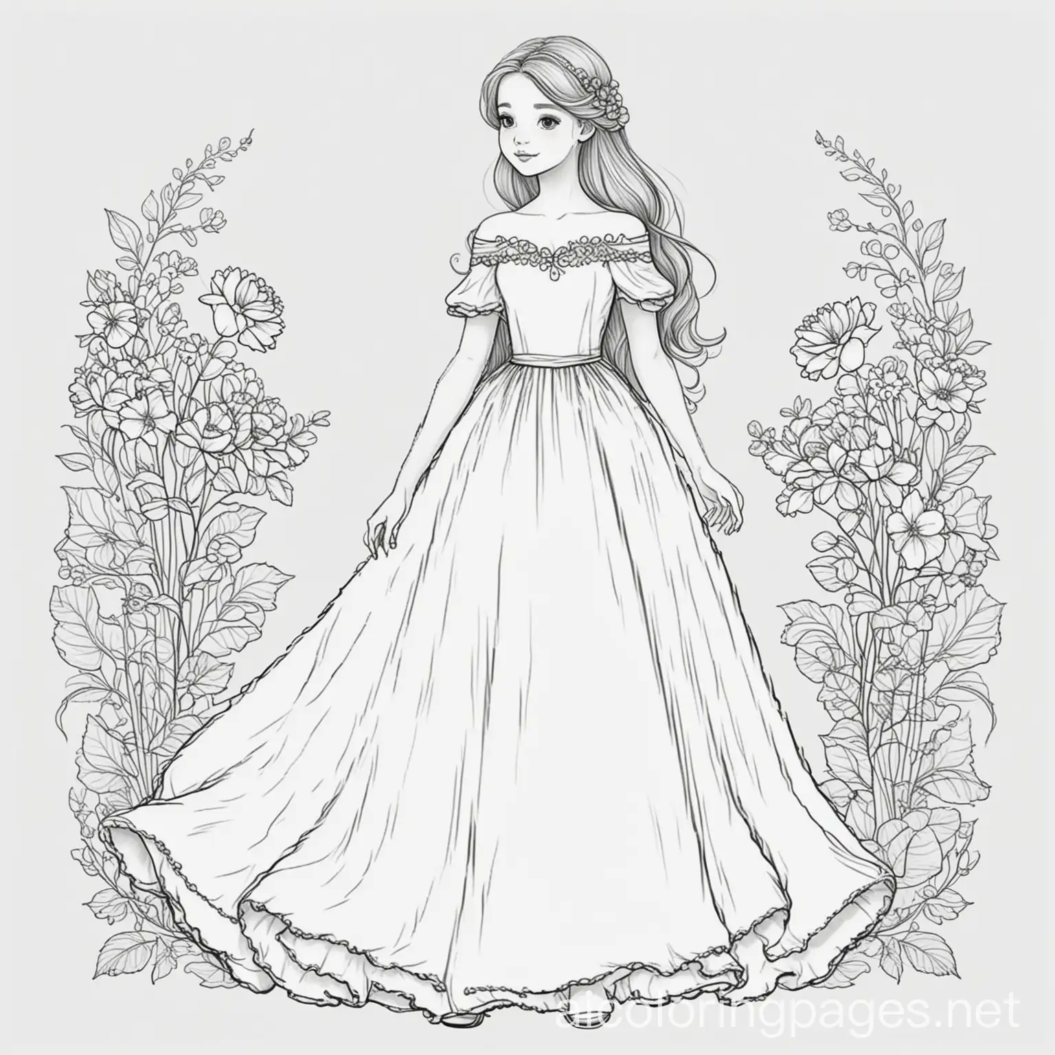 a girl with long princess dress with beautiful flowers, Coloring Page, black and white, line art, white background, Simplicity, Ample White Space