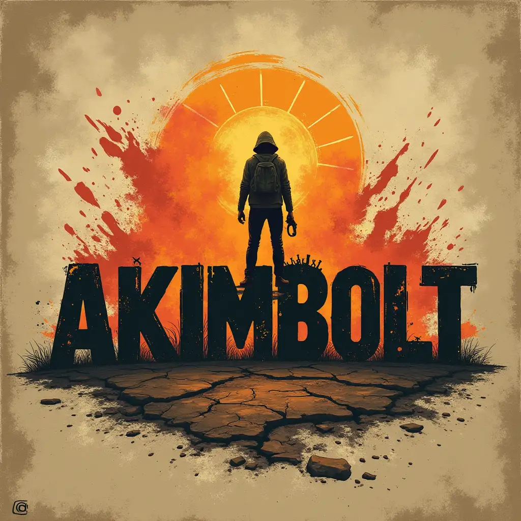 Logo for a 2D post-apocalyptic survival game titled [Akimbolt]. Gritty, hand-drawn style, textured, wasteland aesthetic, high contrast. Evokes desperation and resilience, desolate but with a hint of hope.  Cracked earth texture background, stylized dust cloud forming the background or part of the title, and a silhouette of a lone figure (optional but recommended) standing in the foreground.  Muted, desaturated color palette of earth tones (browns, grays, desaturated oranges/reds). Font for the game title should be readable but slightly worn and textured to fit the style. Vector style logo for scalability. High detail.