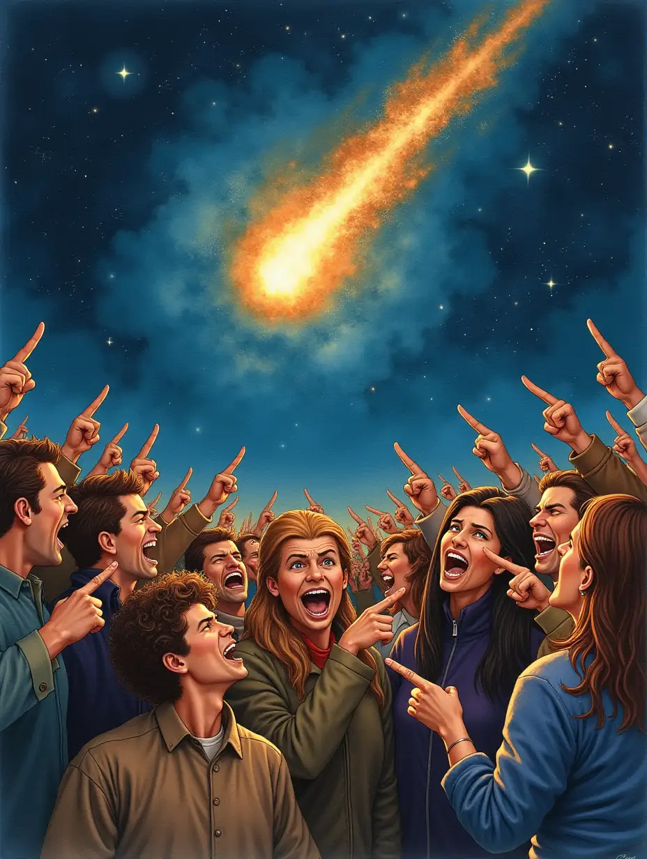 a lifelike gaoche watercolour depicting a crowd of contemptuous people pointing and laughing at a comet that approaches them from the sky. perfectly drawn people with sneering faces, index fingers extended, posture of contempt, hyper-realistic comet inside the earths atmosphere.