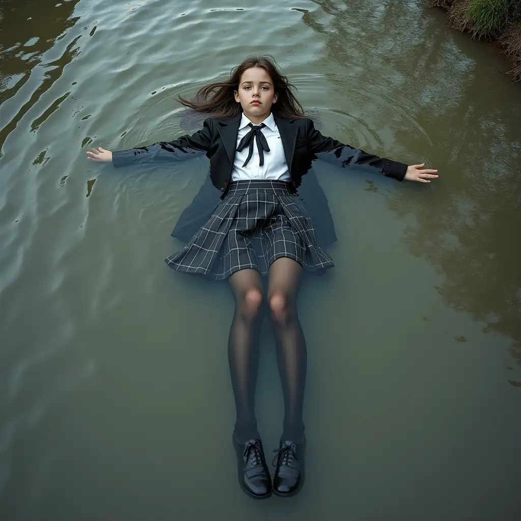 A schoolgirl in a school uniform, with a skirt, jacket, blouse, dark tights, high-heeled shoes. Swims in a dirty pond, body under water, body under the surface of the water, completely wet clothes, no dry parts of the clothes, wet clothes stick to the body.