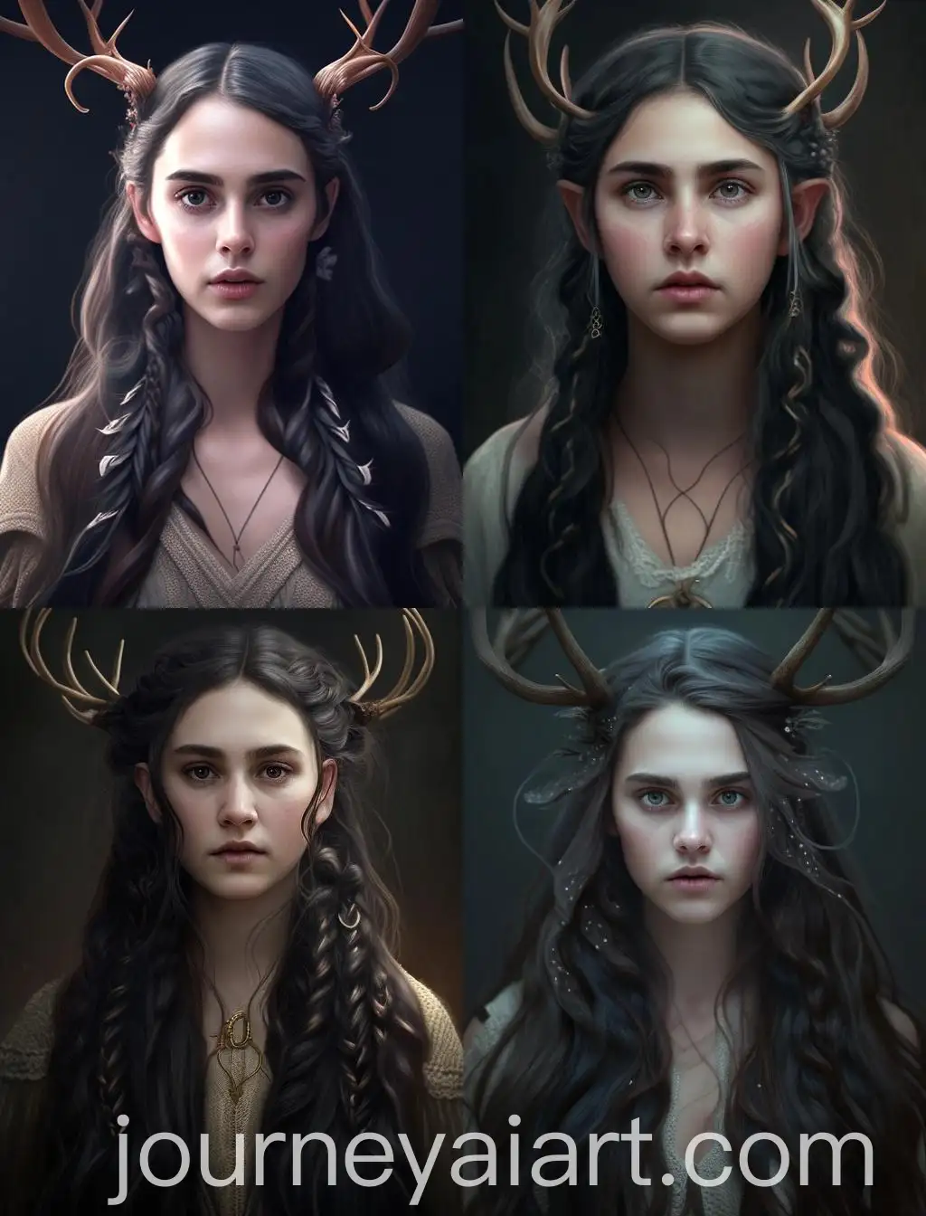 Young-Feminine-Man-with-Long-Wavy-Black-Hair-Braids-Big-Eyes-Deer-Horns-and-Ears
