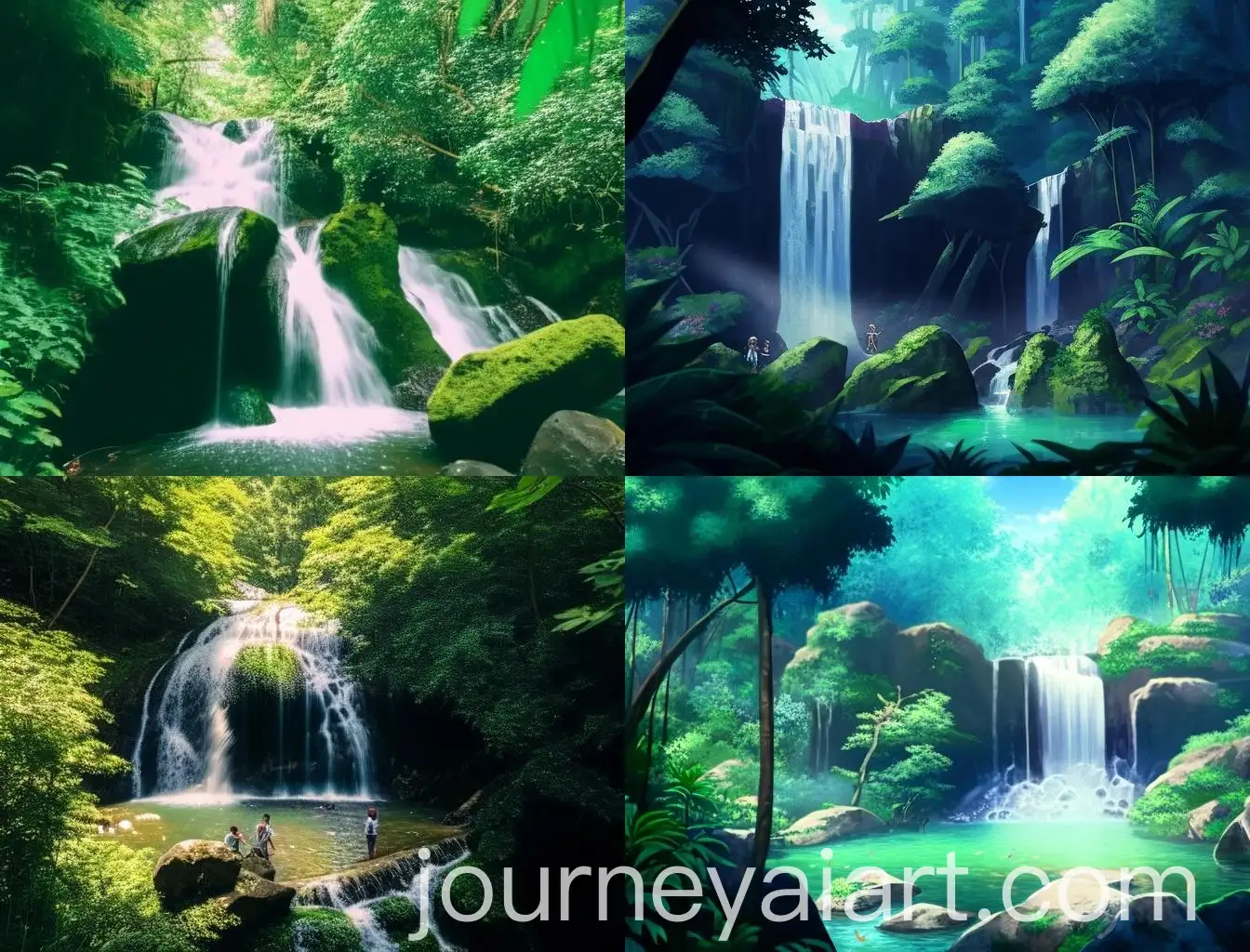 Friends-Enjoying-a-Refreshing-Waterfall-Bath-in-Lush-Greenery