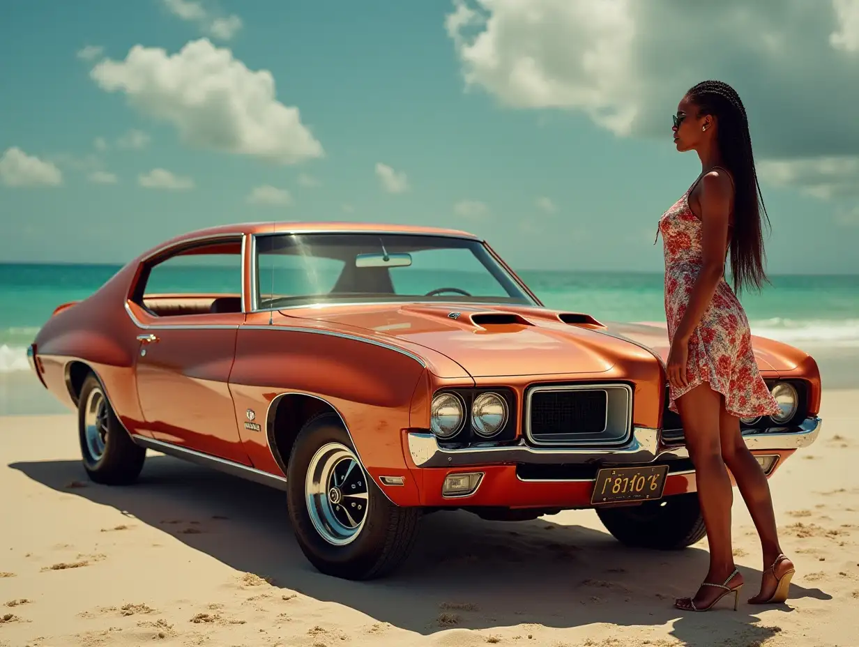 Bermuda-Woman-Posing-with-a-New-Pontiac-Car-in-an-Intricate-Setting