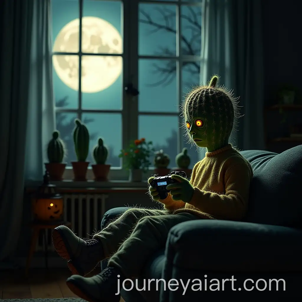 Humanoid-Cactus-in-Creepy-Halloween-Decor-Playing-Video-Games