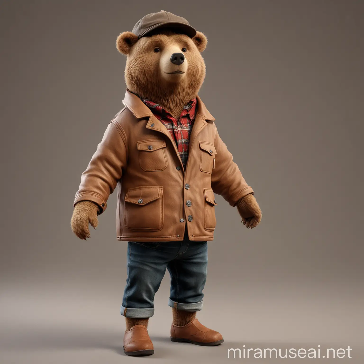 Bear Character in Brown Jacket and Hat Standing with Hands in Pockets 3D Model