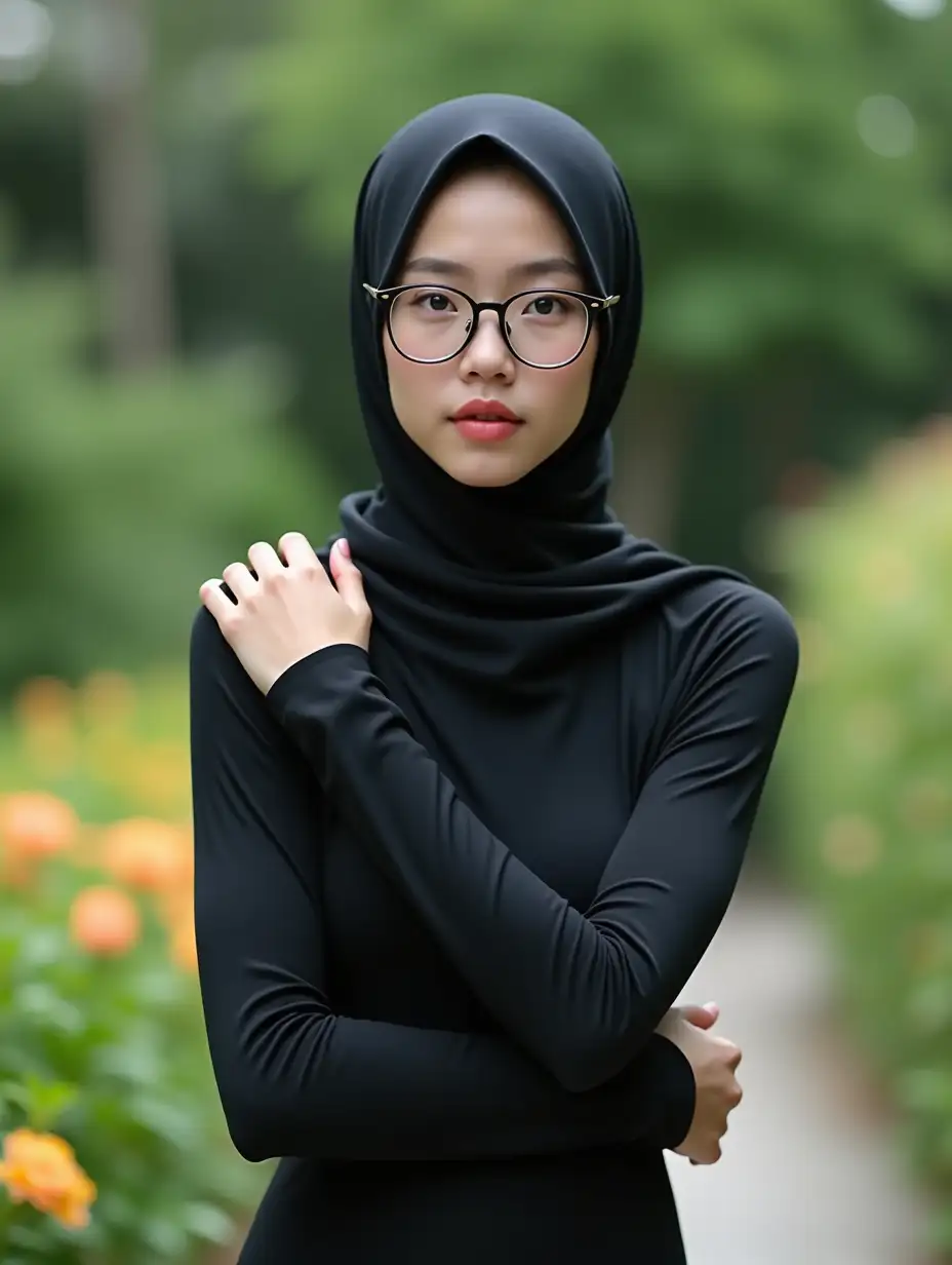 Young-Japanese-Woman-in-Black-Hijab-and-Swimsuit-in-a-Serene-Garden-Setting