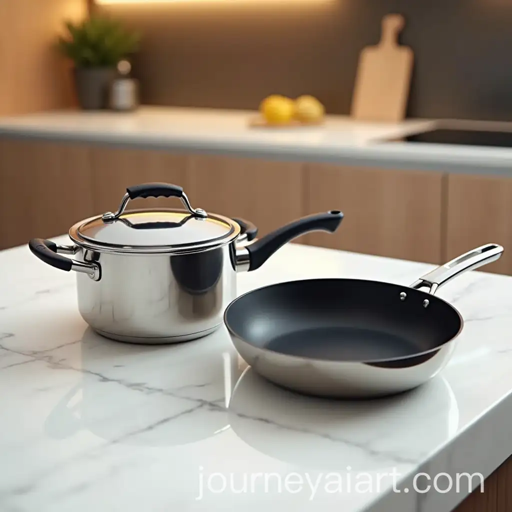 Polished-White-MarbleAI-Image-Prompt-Expansion-Kitchen-Countertop-with-Stainless-Steel-Cookware