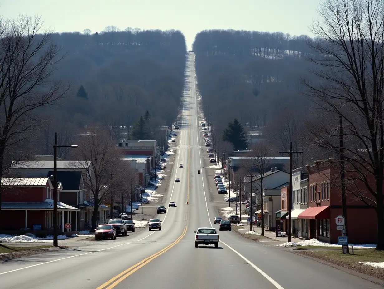 Photograph of a small town, featuring a main street running through its center and straight up the hillside, surrounded by trees and houses on either side. Emphasize the rural or suburban atmosphere, commercial buildings along the road, early spring, traces of snow, 1964, Ozarks, vehicles from appropriate time period, no cartoony look, no overlapping vehicles, properly parked vehicles, only a handful of vehicles, driving on the right side of the road