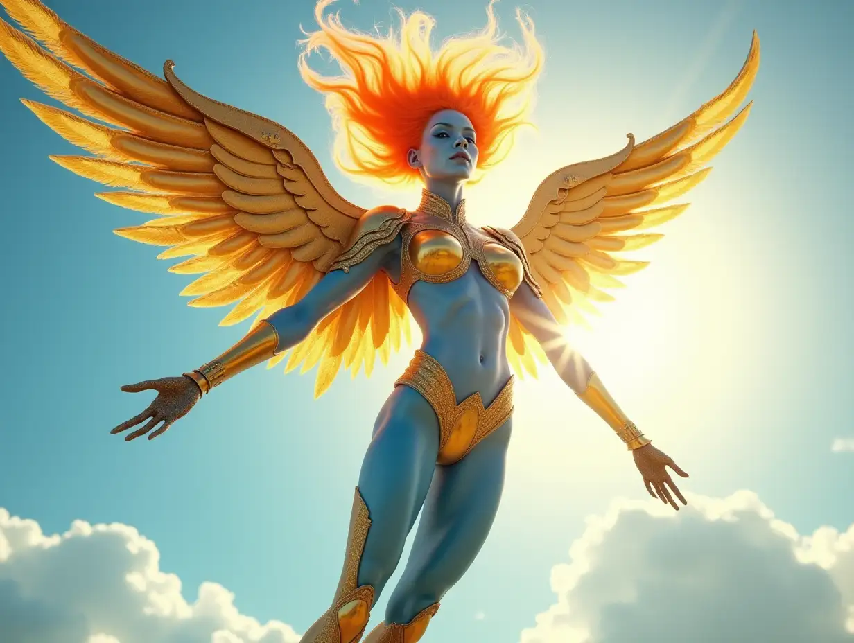 realistic image of a humanoid mutant woman with white and blue face, bright orange hair that moves in the air, she has blue skin and sparkling gold armor, she is suspended in the air with arms outstretched, golden wings, dazzling bright light like a sun right behind her, azure blue sky and clouds, she looks at us, surreal, extravagant, fantastic