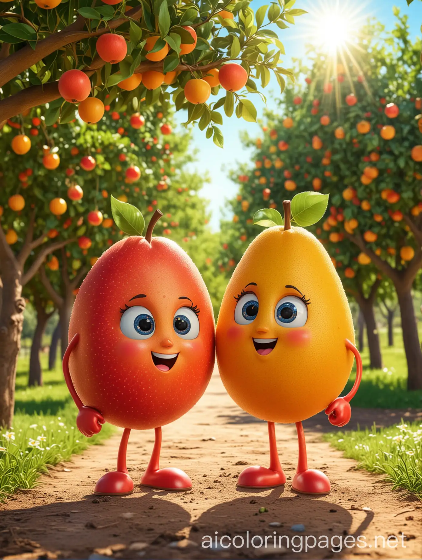 Adorable-Cartoon-Fruit-Characters-Sol-and-Rosa-in-a-Vibrant-Orchard