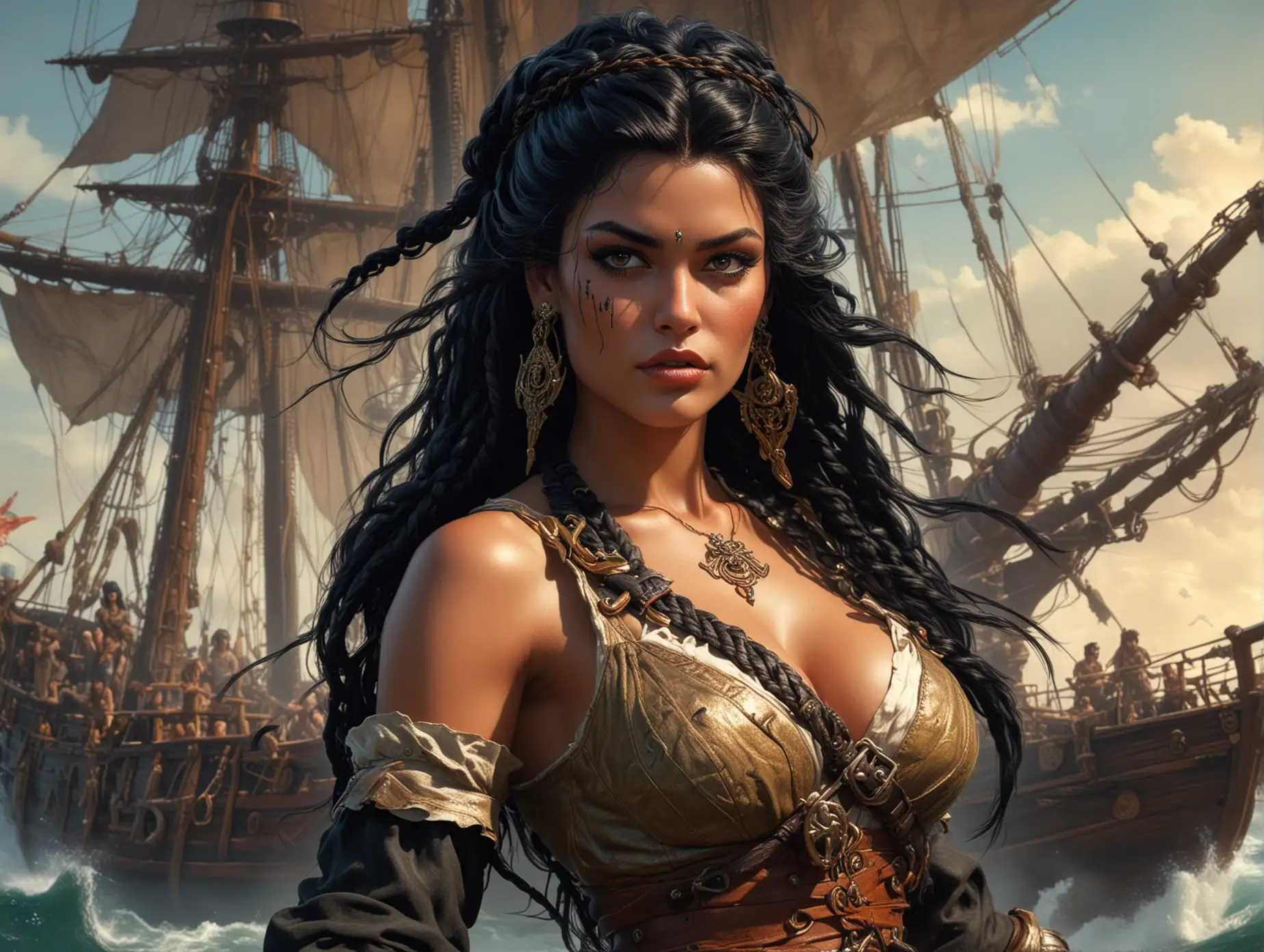 Bold-Pirate-Queen-with-Braided-Hair-and-Intense-Expression-on-Ship