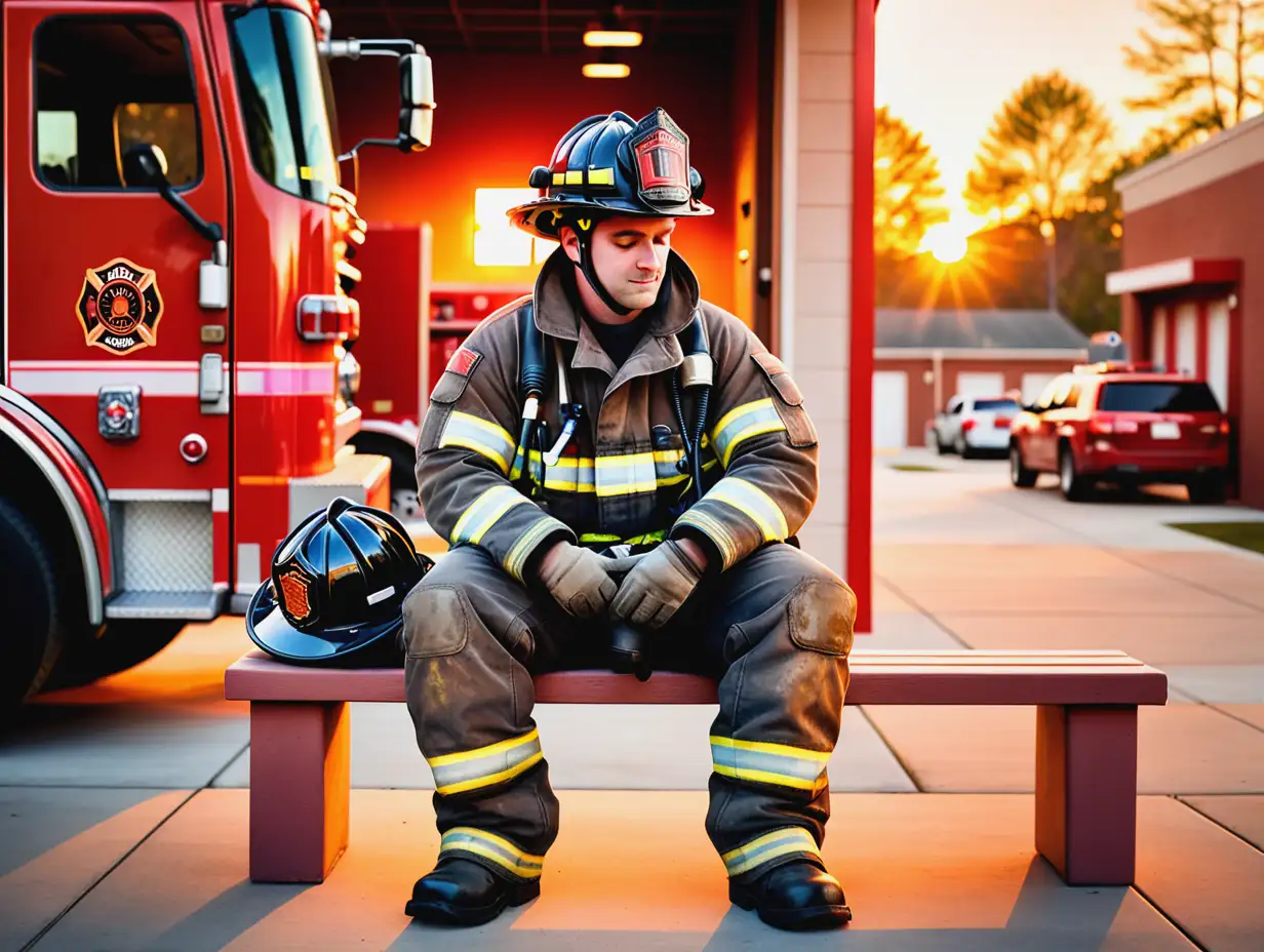 Peaceful Firefighter Removing Gear at Sunset