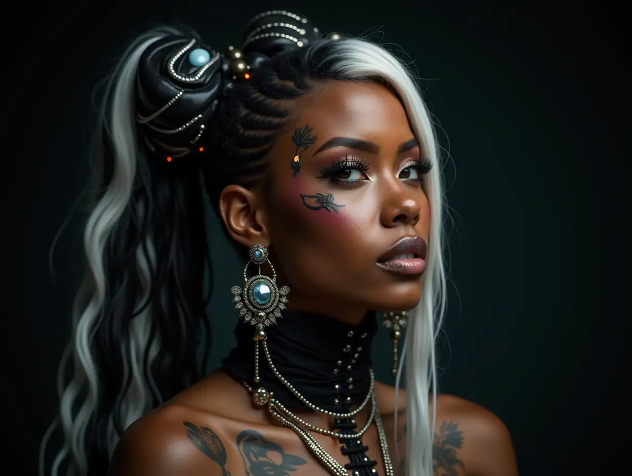 Representation of a beautiful black woman with a smiley face tattoo, futuristic long white and black-white hair and laced boots,with intricate, colorful and futuristic jewelry.Blurry black background 120-mm shot