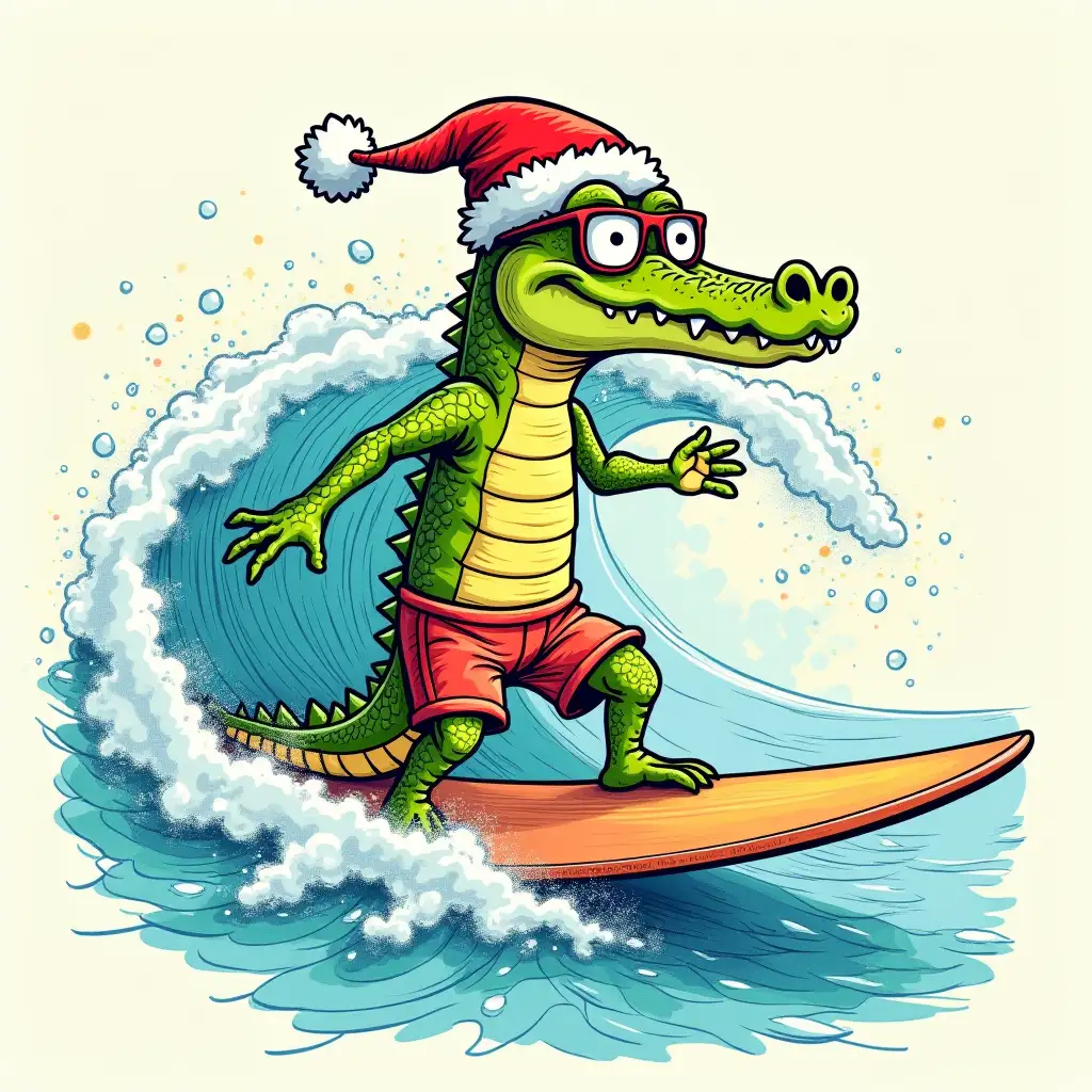 A vintage-style pencil sketch illustration, graphic design of a colorful and funny cartoon scene. There is a crocodile sufing on a big wave wearing a x-mas hat. the corocodile also wearing glasses and wearing bathing shorts. The  crocodile is balancing on the surf board. the whole illustration, graphic design is very colorful and crisp for t-shirt print. dont crop the image the entire design must be visible, full-body design, the whole illustration must be visible