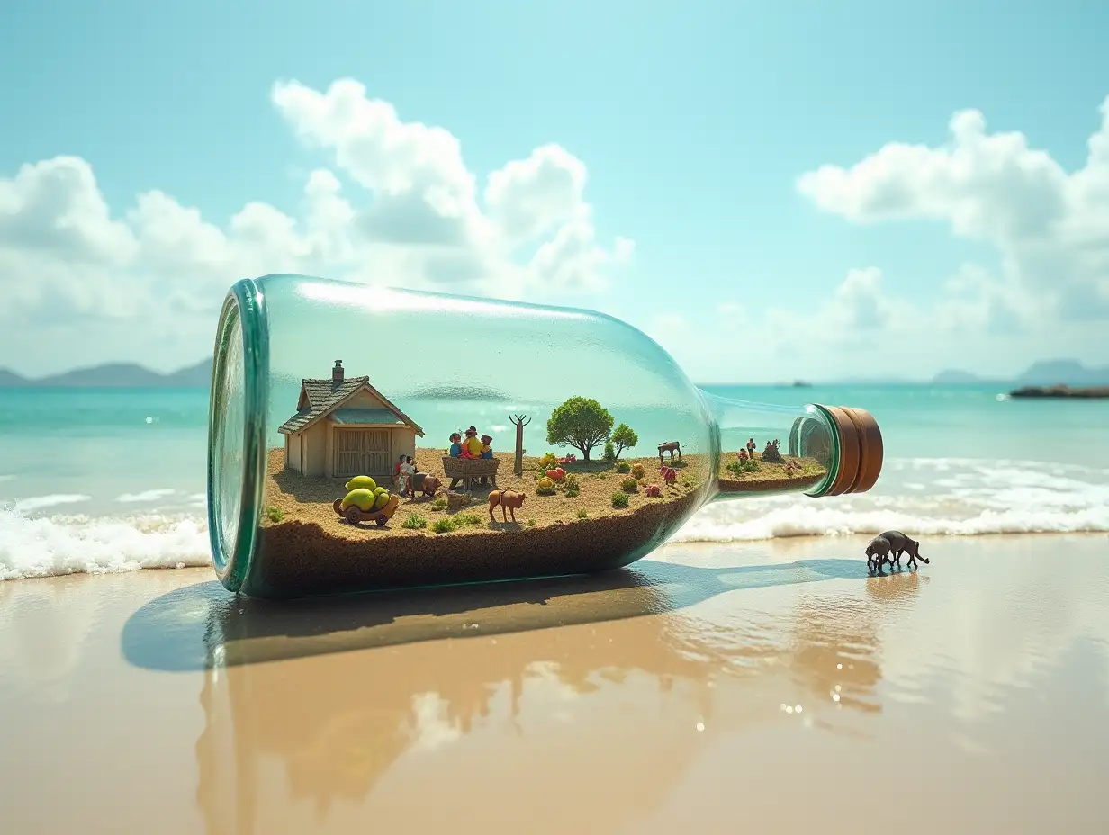 In a beautiful beach there is a large glass bottle, containing a small village, with many tiny people, with fruit plantation, carriage, horses, pigs, quite large-real photo, triple exposure, basic idea of something beautiful photo