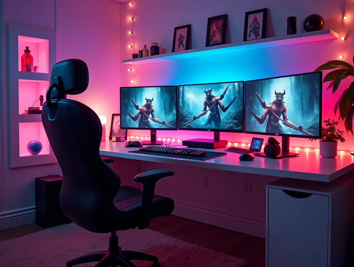 Gaming-Zimmer with shelves white and decoration,carpet, lit balls on the table, a small robot toy on the floor with three monitors side by side, with images of bright Demon Slayer room, colorful 180 Degree Panorama image