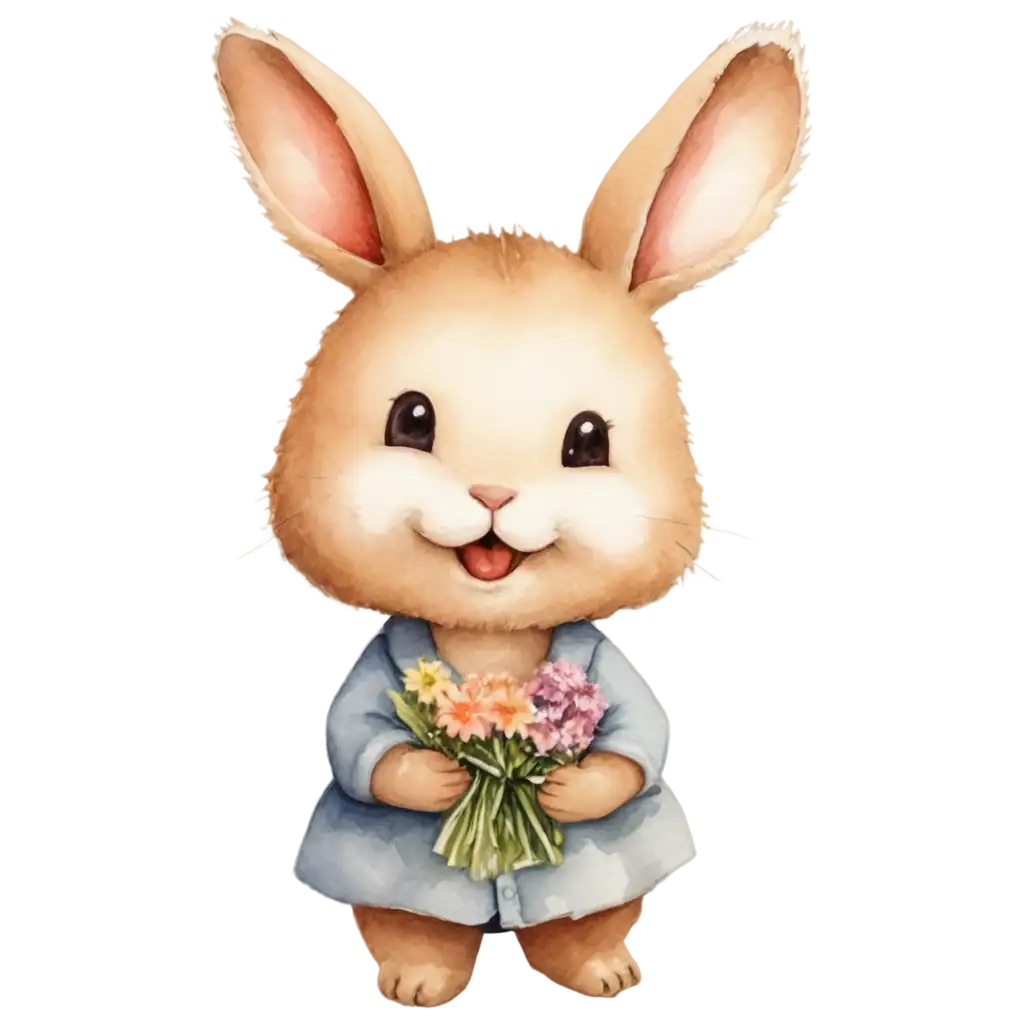 cute happy baby rabbit with flowers watercolor style