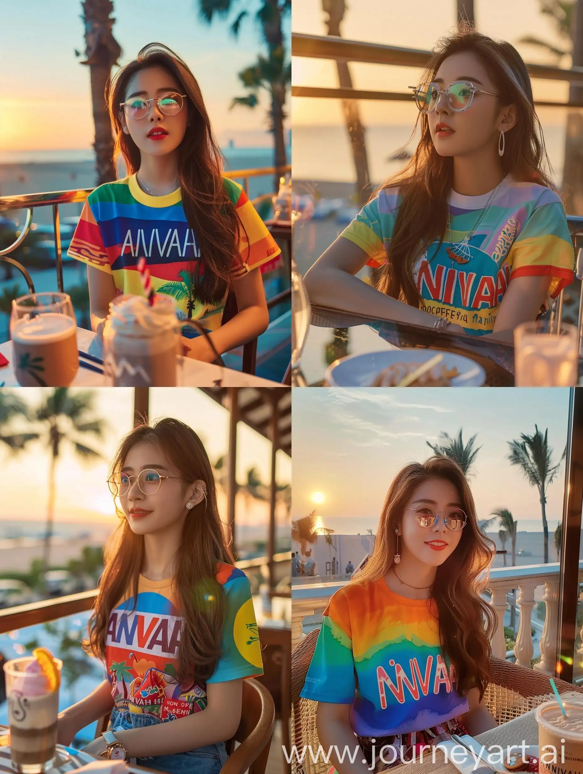 Happy-Asian-Woman-Enjoying-Coffelatte-Milkshake-Ice-Cream-at-Sunset-Balcony-Restaurant