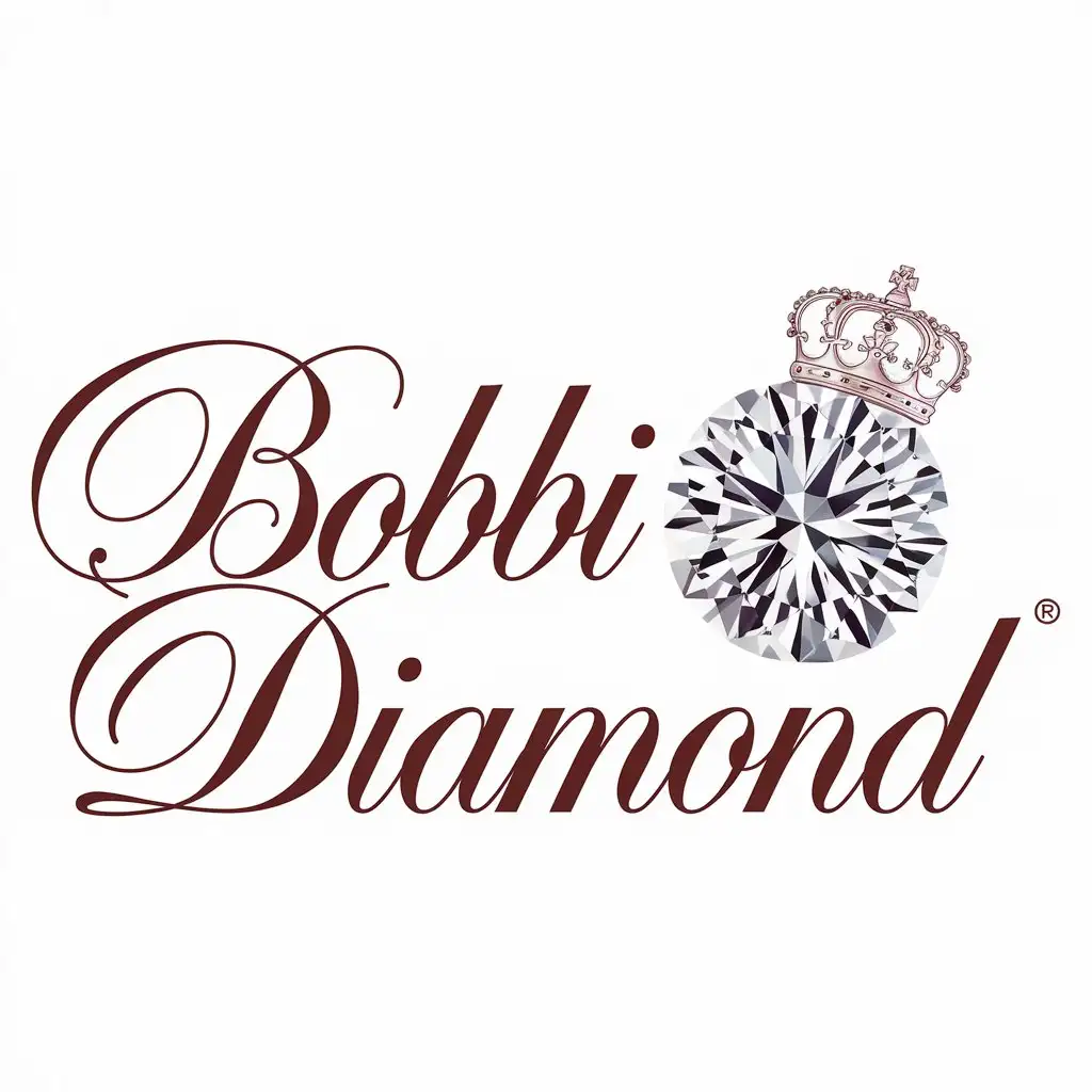 Logo for Bobbi Diamond, easy to read script font, with a jewellery diamond to the right and a simple crown on top.