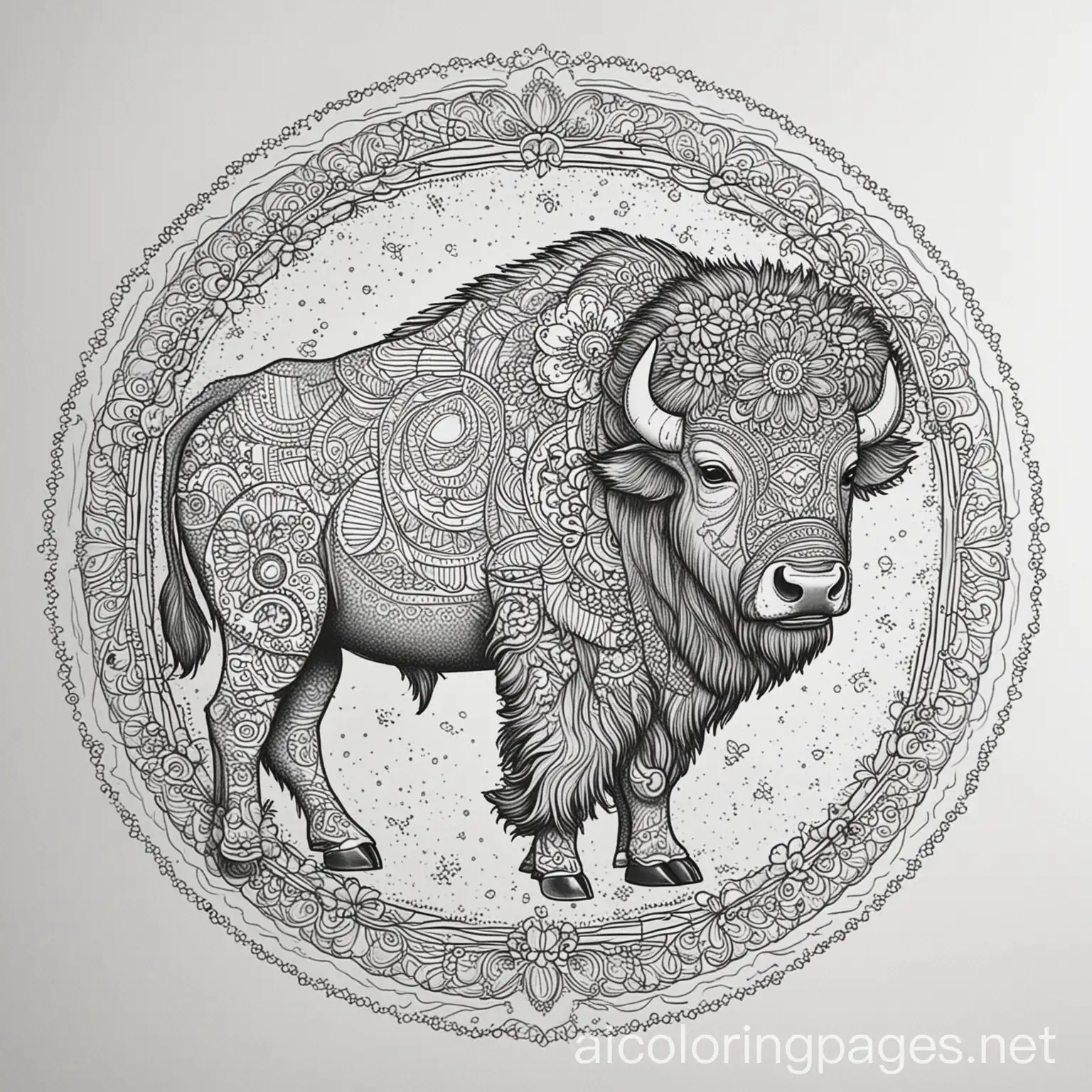 Mandala-Bison-Coloring-Page-with-Vivid-Floral-Design