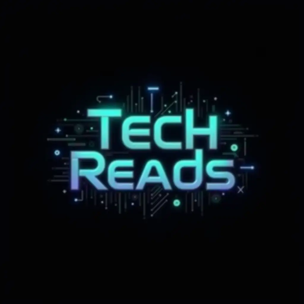 A bold, modern, and tech-inspired graphic design representing the brand 'Tech Reads.' The design features a futuristic aesthetic with clean lines, geometric shapes, and sleek typography. The central focus is the brand name 'Tech Reads,' glowing in neon blue and green with a high-tech vibe. Surrounding the text are subtle elements like digital circuits, abstract data streams, and holographic effects, emphasizing innovation and technology. The layout is minimalistic yet visually striking, designed for standalone use on a black background.