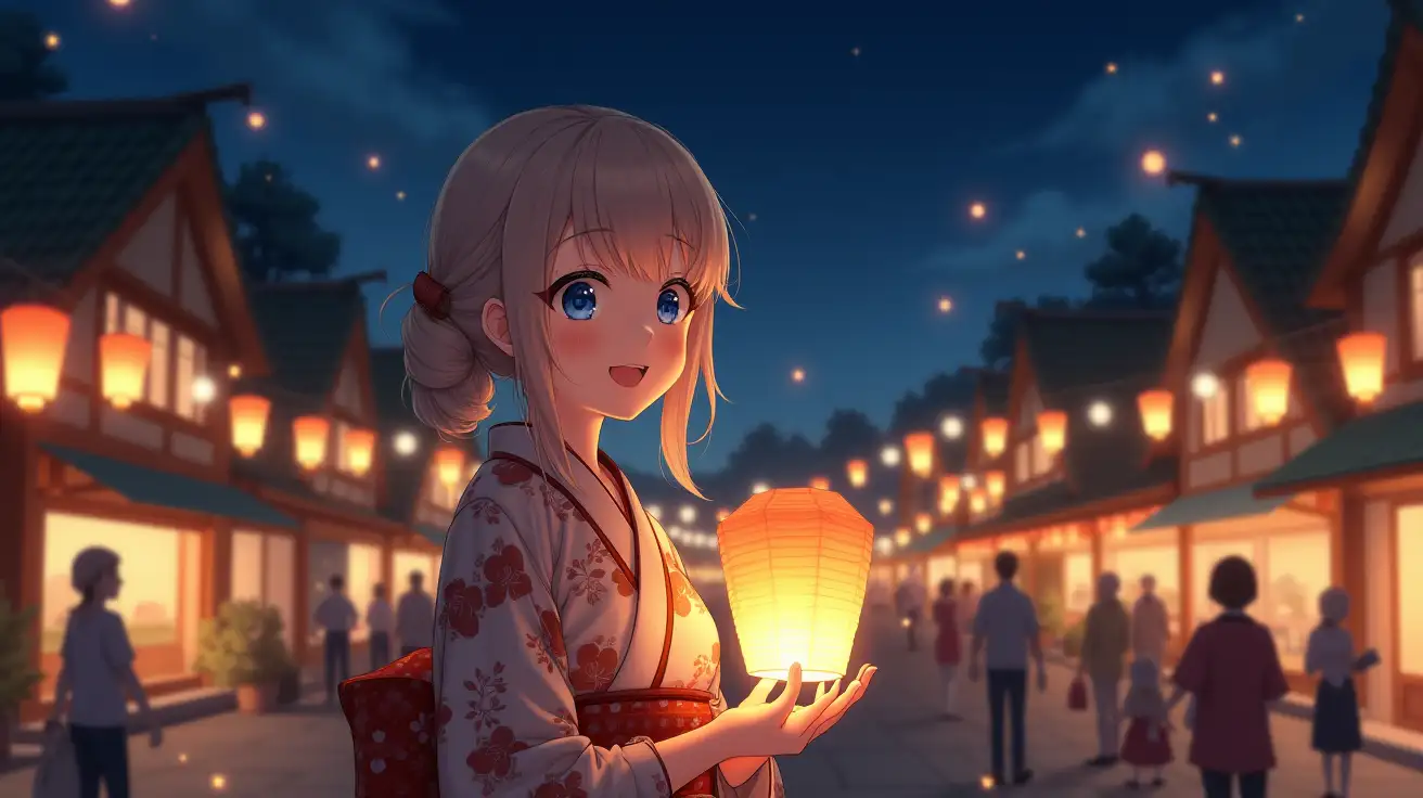 Description: A 24-year-old woman with fair skin and bright blue eyes, attending a festival in a small, picturesque town. She wears a traditional festival yukata and holds a paper lantern. Her expression is delighted as she watches fireflies illuminating the night sky. Setting: A charming town square with lanterns strung between buildings, paper decorations fluttering in the breeze, and fireflies floating around, creating a warm and celebratory atmosphere.