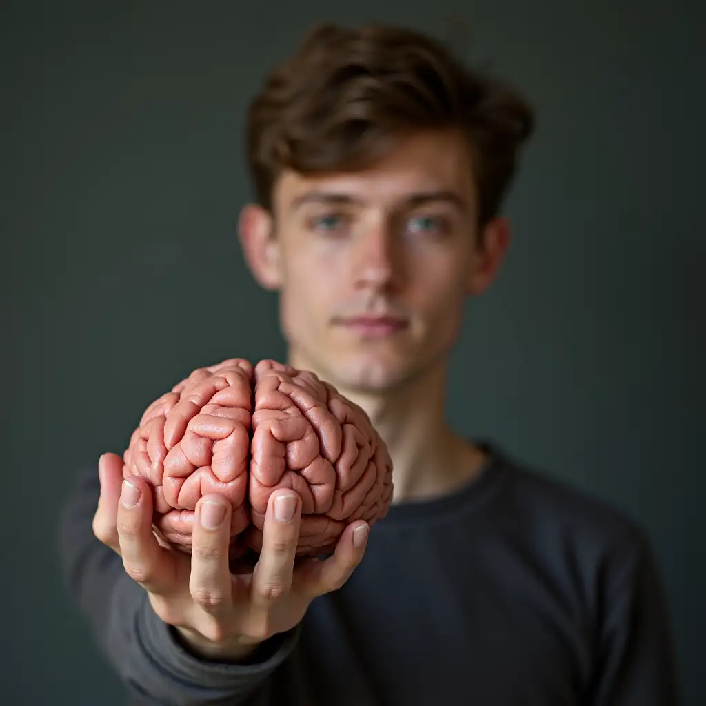 A young man holding brain in his right hand