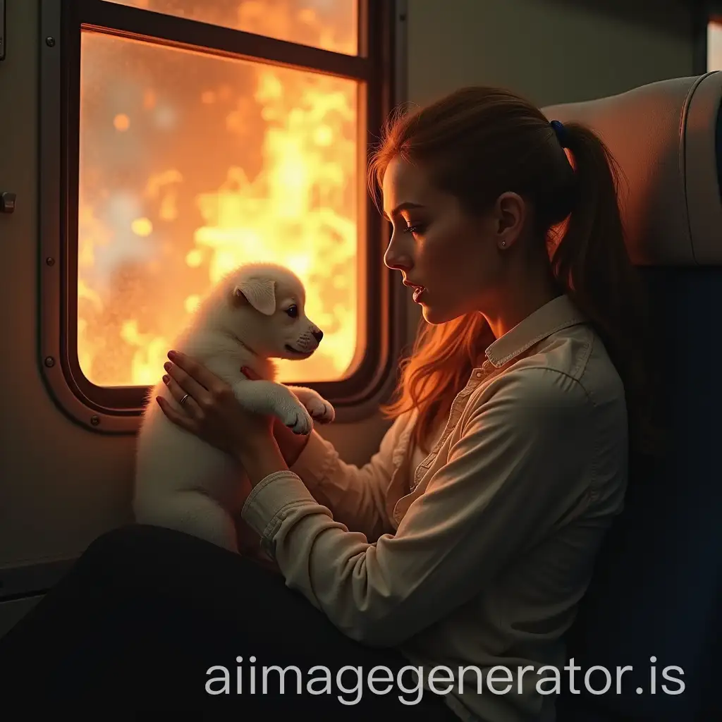 A woman is sitting on a train with a small white dog in her hands and the train is on fire, the woman is very scared and she is trying to let the puppy out of the window