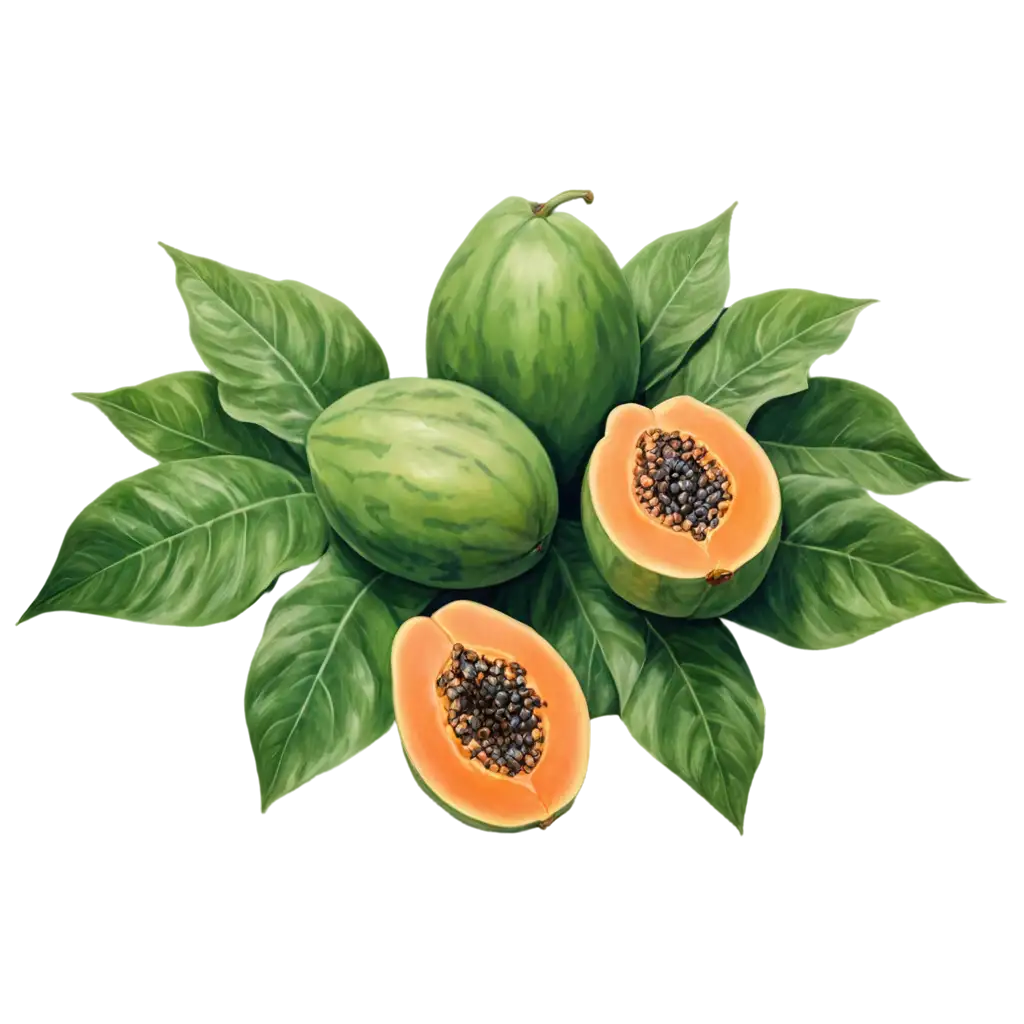 Exquisite-Tropical-Still-Life-PNG-Image-Papaya-Green-Leaves-and-Fruits-in-Painterly-Style