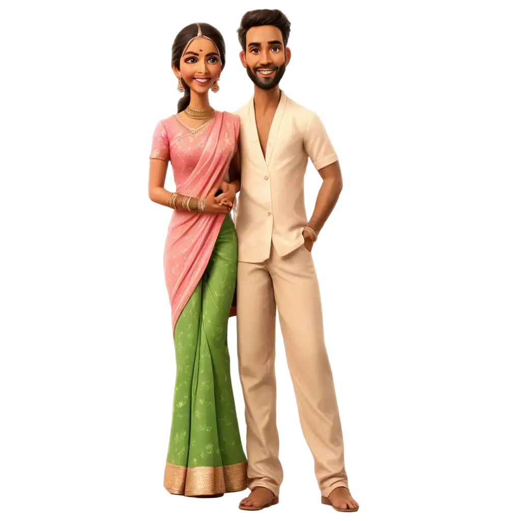 Exquisite-South-Indian-Wedding-Caricature-in-Pinkish-Attire-of-Bride-in-Saree-and-Groom-in-Lungi-PNG-Image