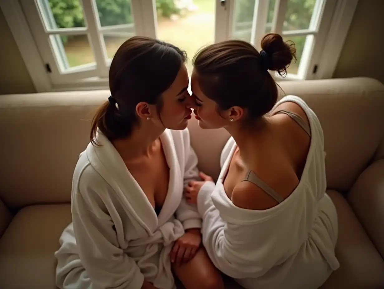 Two young Spanish student flirtatious women of 18 years, sitting on a kitchen sofa. Hands in the back. sweating. robes very open neckline, admiring the butler preparing breakfast. Morning. Top shot. They kiss.