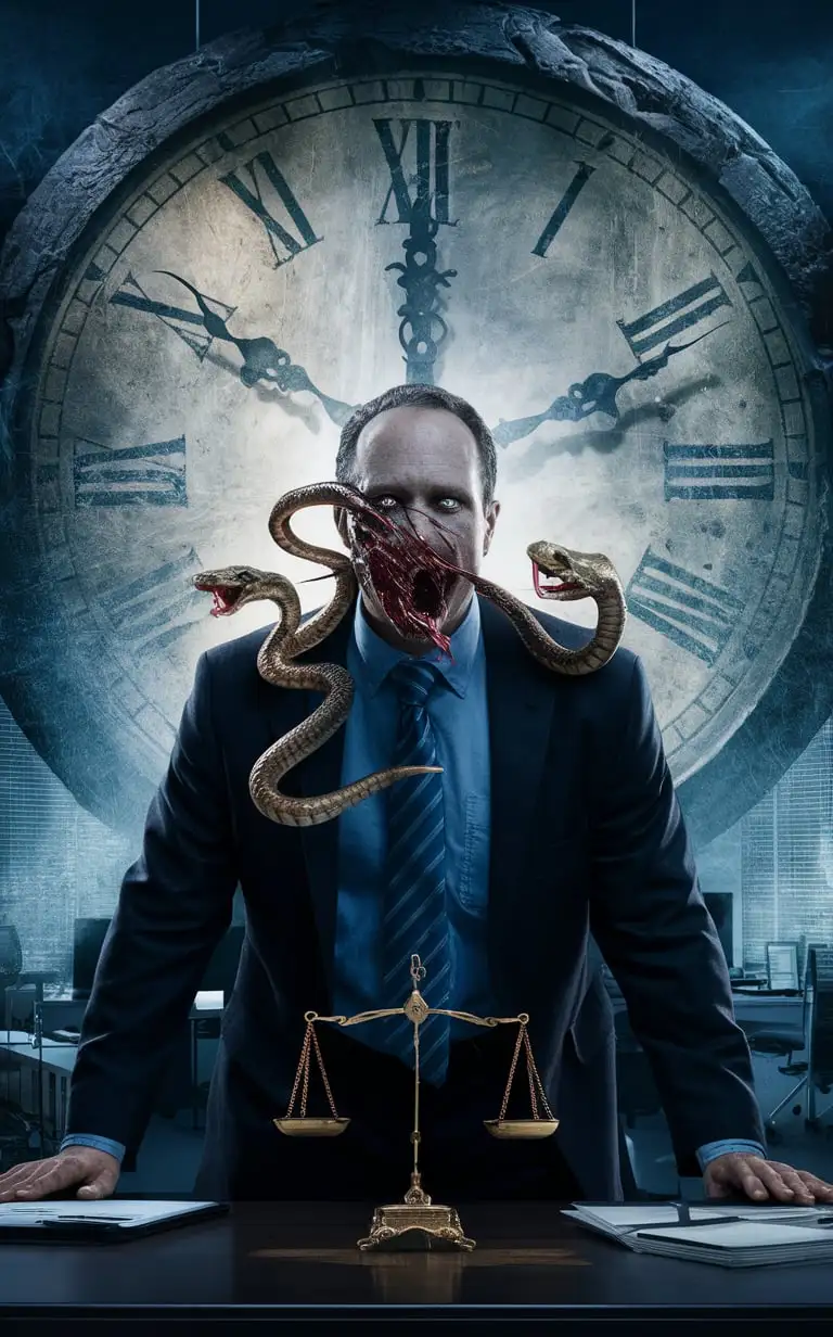 Faceless Man Bitten by Snakes in Office Setting with Giant Clock and Law Scales